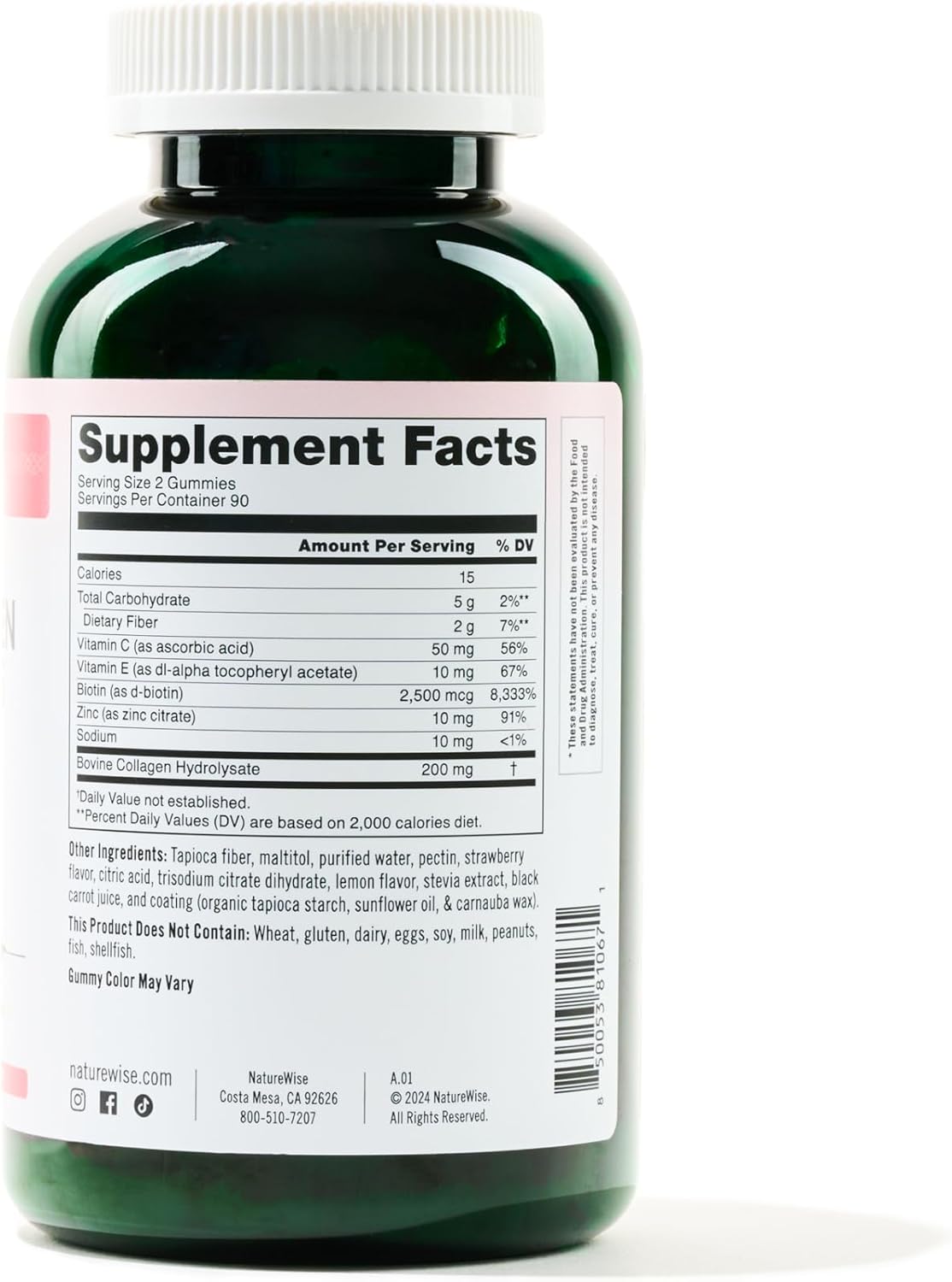 Sugar-Free Hydrolyzed Collagen Gummies for Women with Type I & III Peptides, Biotin, Vitamin C, E, Zinc - Hair, Skin, Nails & Joint Support - 180 Count - 3-Month Supply by NatureWise