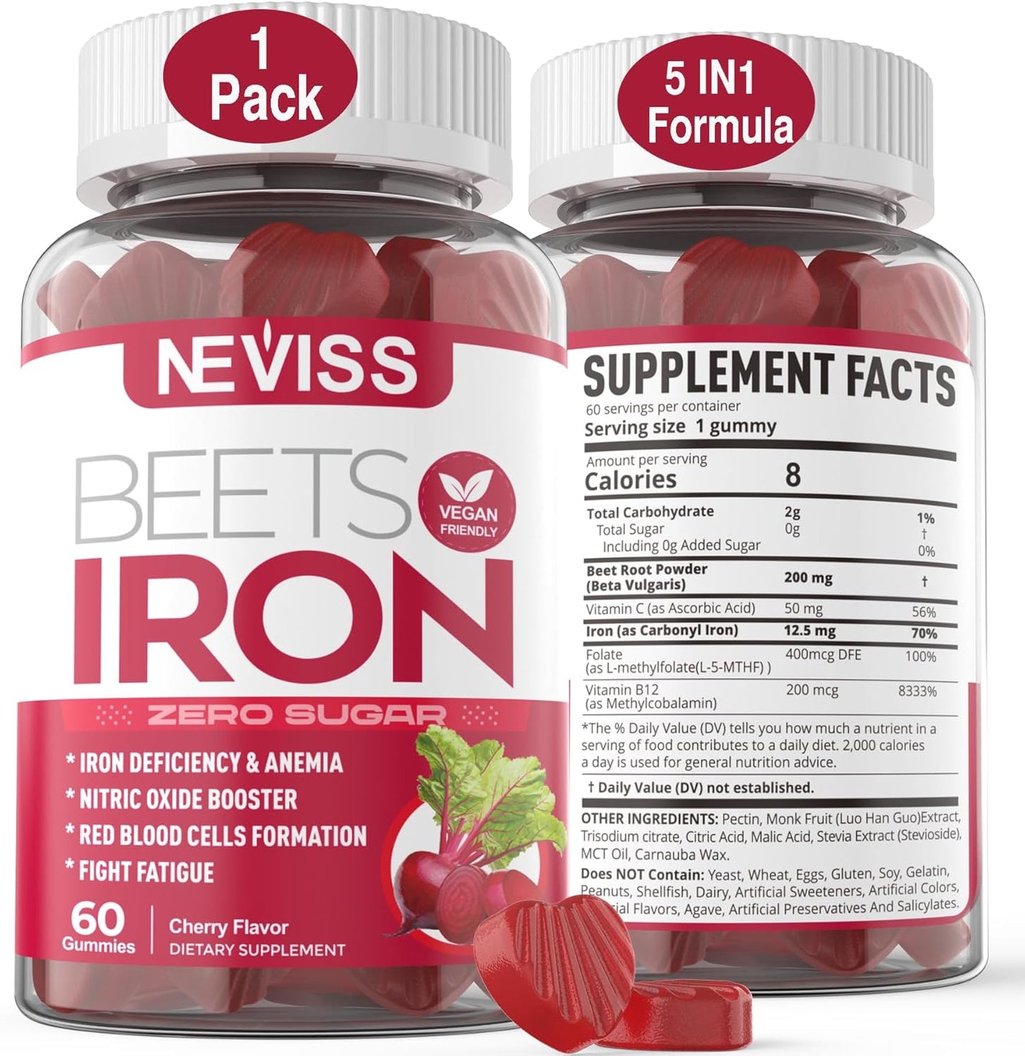 Sugar-Free Iron Gummies with Beet Root, Vitamin C, B12, and Folate - Gentle Iron Supplement for Energy Support, Anemia, and Iron Deficiency - Vegan-Friendly - Non-Constipating - 1 Pack
