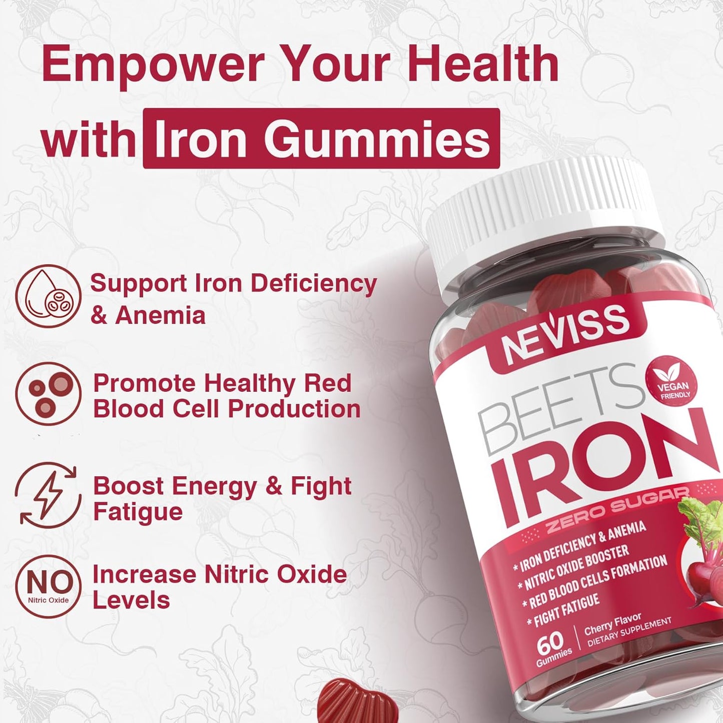 Sugar-Free Iron Gummies with Beet Root, Vitamin C, B12, and Folate - Gentle Iron Supplement for Energy Support, Anemia, and Iron Deficiency - Vegan-Friendly - Non-Constipating - 1 Pack