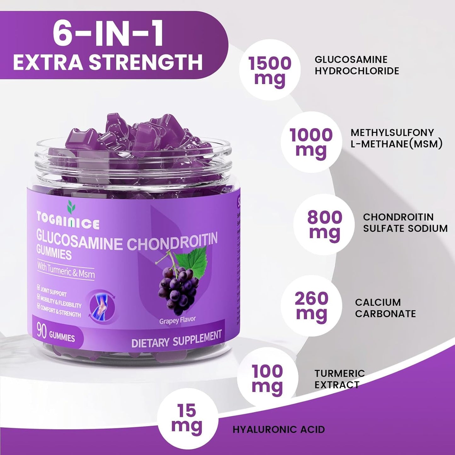 Sugar-Free Joint Support Gummies with Glucosamine, Chondroitin, MSM, Turmeric - 1500mg Strength (180 Count)