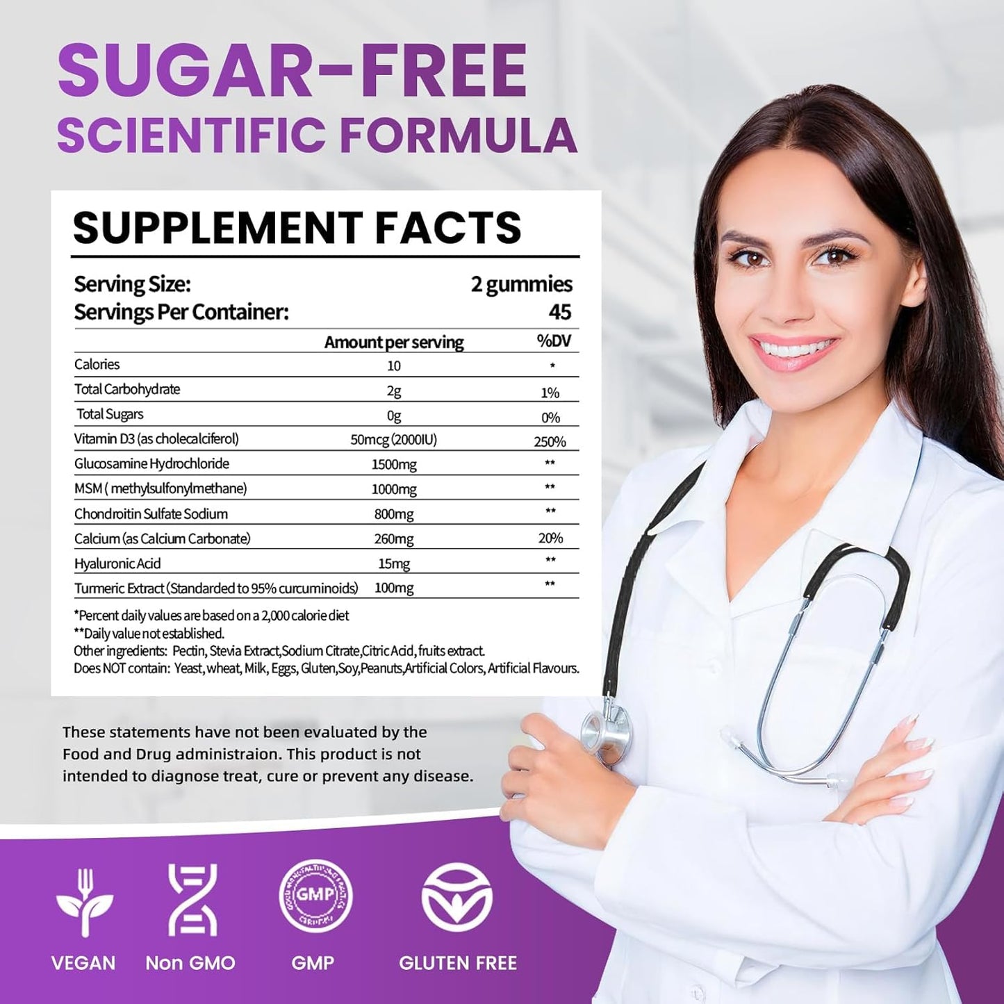 Sugar-Free Joint Support Gummies with Glucosamine, Chondroitin, MSM, Turmeric - 1500mg Strength (180 Count)