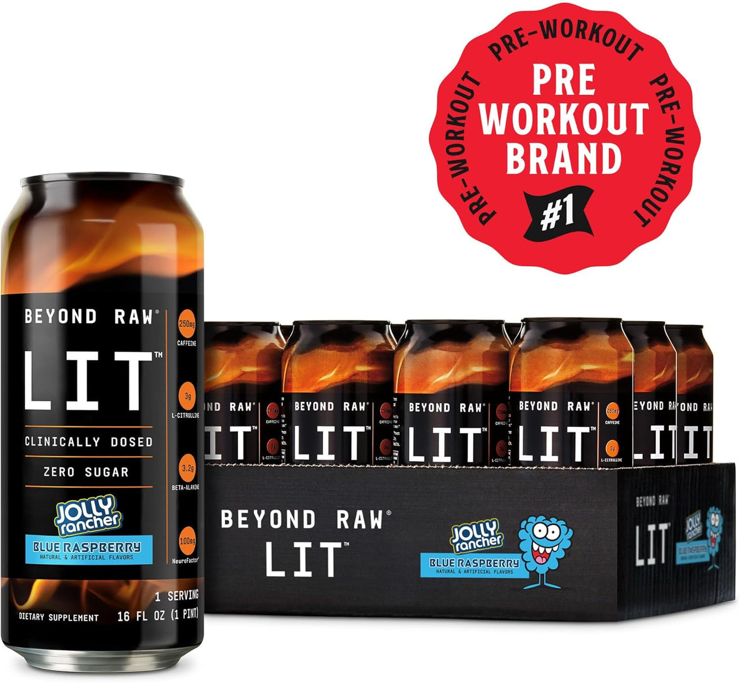 Sugar Free Jolly Rancher Blue Raspberry Pre Workout Drink | 12 Count Pack | Contains Caffeine, L-Citrulline, Beta-Alanine, and Nitric Oxide | Convenient On-The-Go Ready to Drink