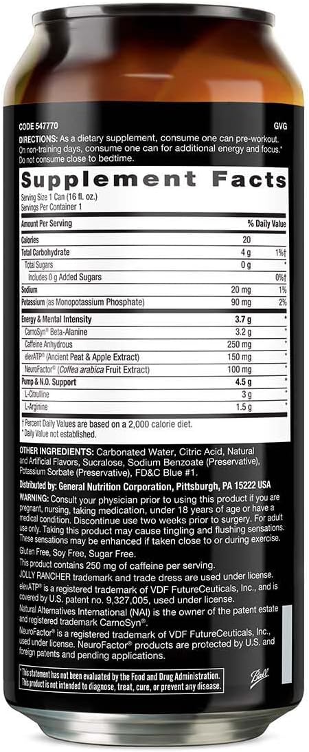 Sugar Free Jolly Rancher Blue Raspberry Pre Workout Drink | 12 Count Pack | Contains Caffeine, L-Citrulline, Beta-Alanine, and Nitric Oxide | Convenient On-The-Go Ready to Drink