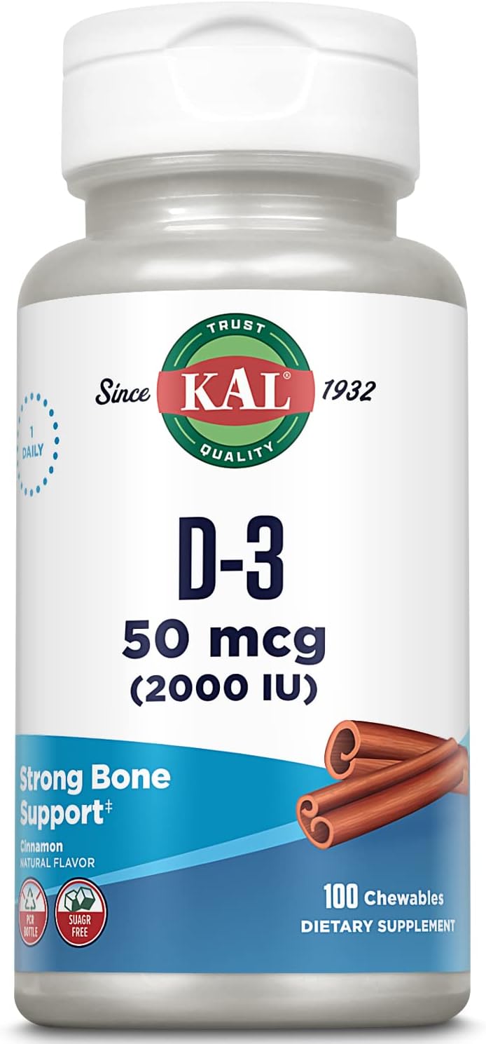 Sugar-Free KAL Vitamin D3 Chewables - 2000 IU Cholecalciferol, Natural Cinnamon Flavor for Immune Support & Bone Health - 100 Chewables