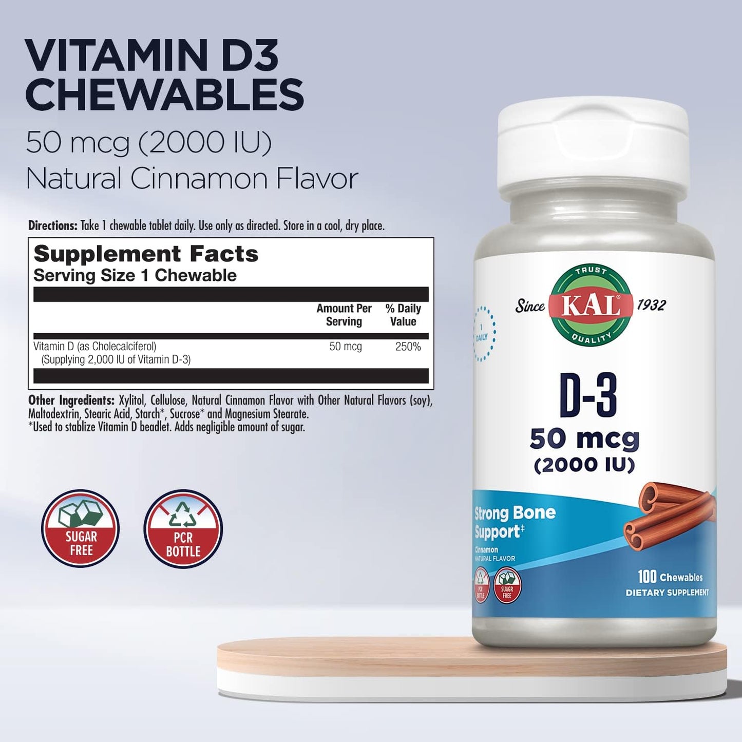 Sugar-Free KAL Vitamin D3 Chewables - 2000 IU Cholecalciferol, Natural Cinnamon Flavor for Immune Support & Bone Health - 100 Chewables