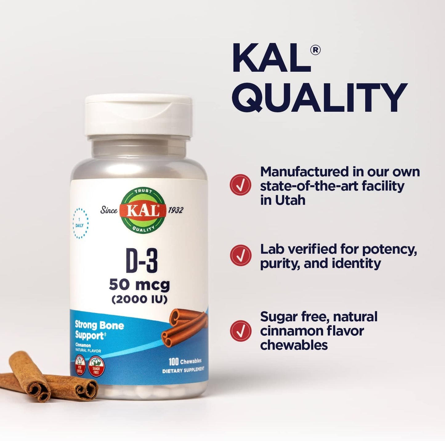 Sugar-Free KAL Vitamin D3 Chewables - 2000 IU Cholecalciferol, Natural Cinnamon Flavor for Immune Support & Bone Health - 100 Chewables