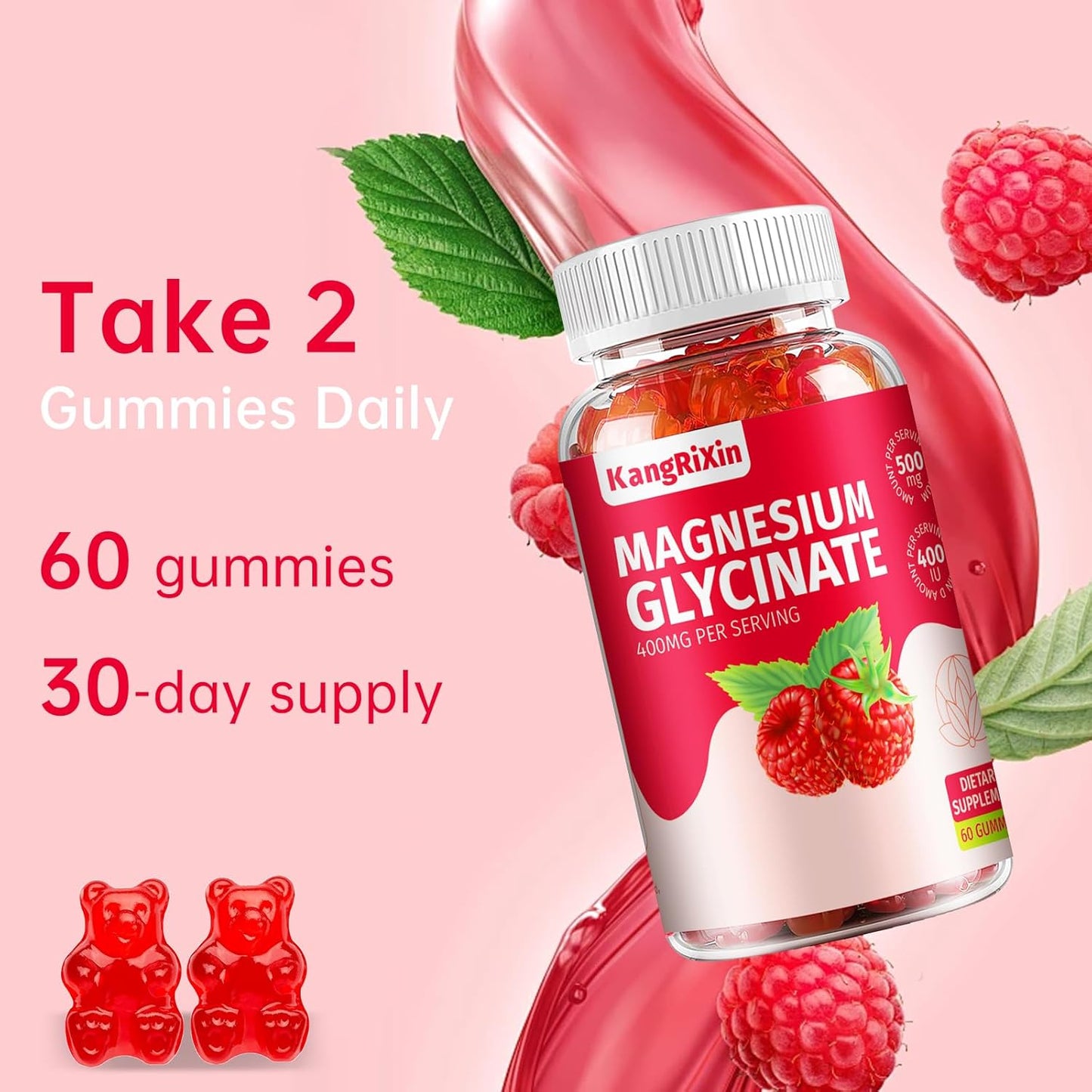 Sugar-Free KangRiXin Magnesium Glycinate Gummies - High Absorption Supplements for Adults & Kids - Gelatin-Free Magnesium Malate - 120 Count
