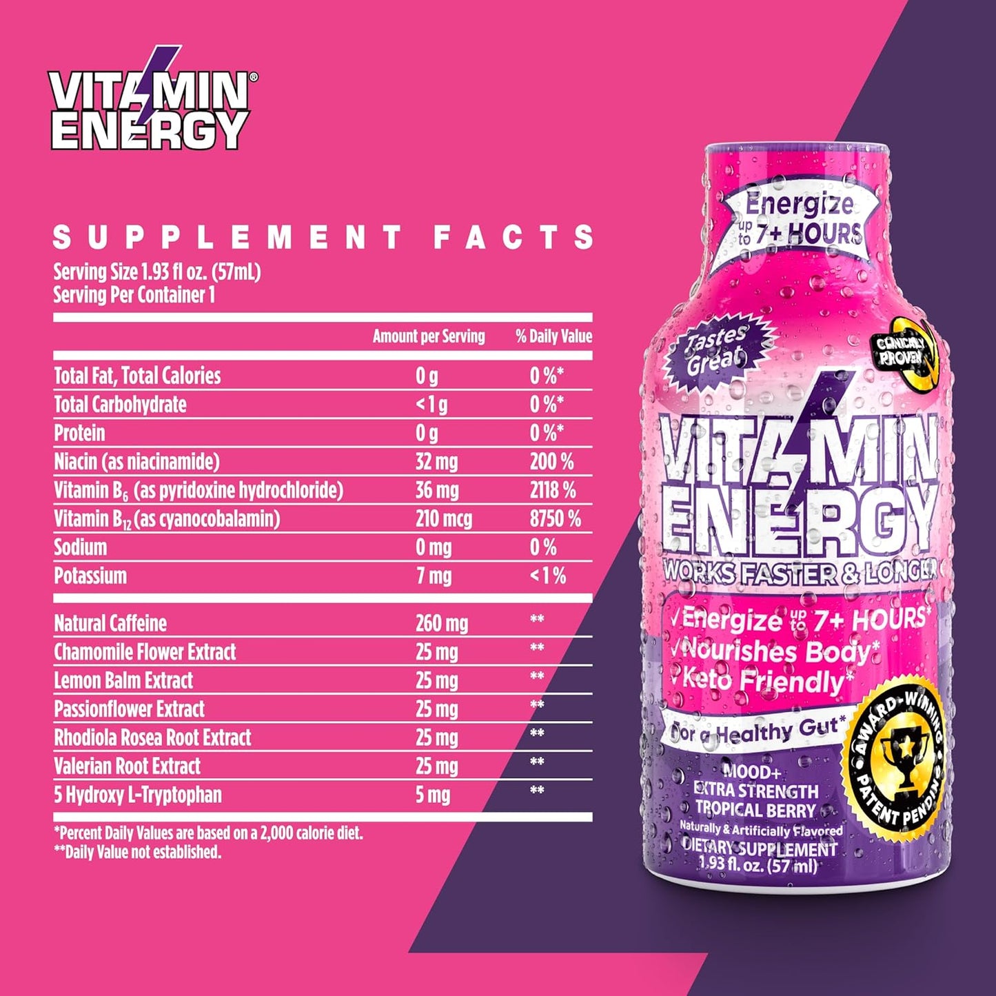 Sugar-Free Keto/Vegan Energy Shots with Rhodiola and Chamomile for 7+ Hours of Balanced Mood and Energy - Tropical Berry Flavor - 1.93 Fl Oz (Pack of 12)