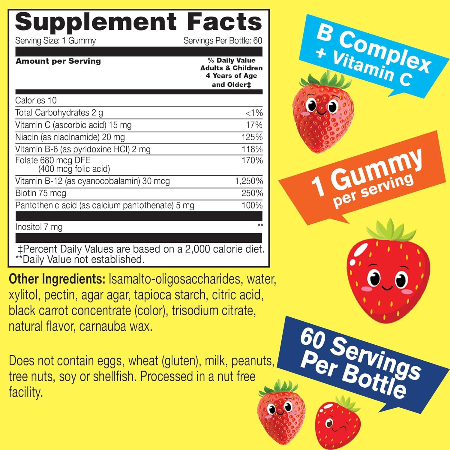 Sugar Free Kids Vitamin B Complex Gummies with Vitamin C and Folic Acid for Immune and Energy Support - Strawberry Flavor - 60 Count