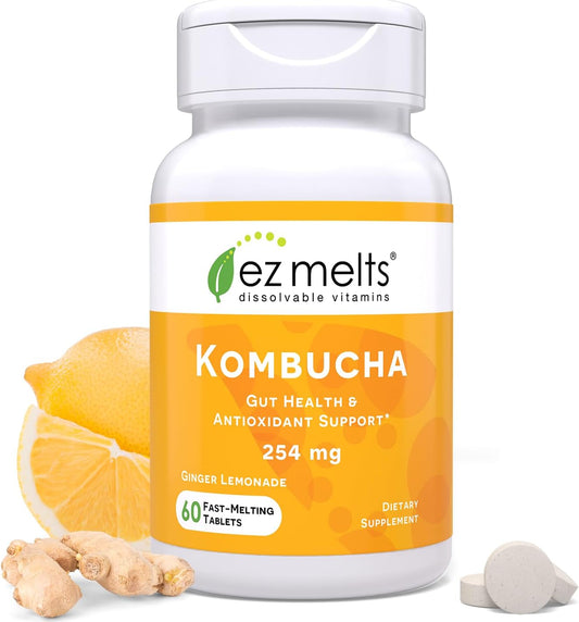 Sugar-Free Kombucha Tablets with SCOBY and Apple Cider Vinegar for Gut Health - Ginger Lemonade Flavor, 2-Month Supply