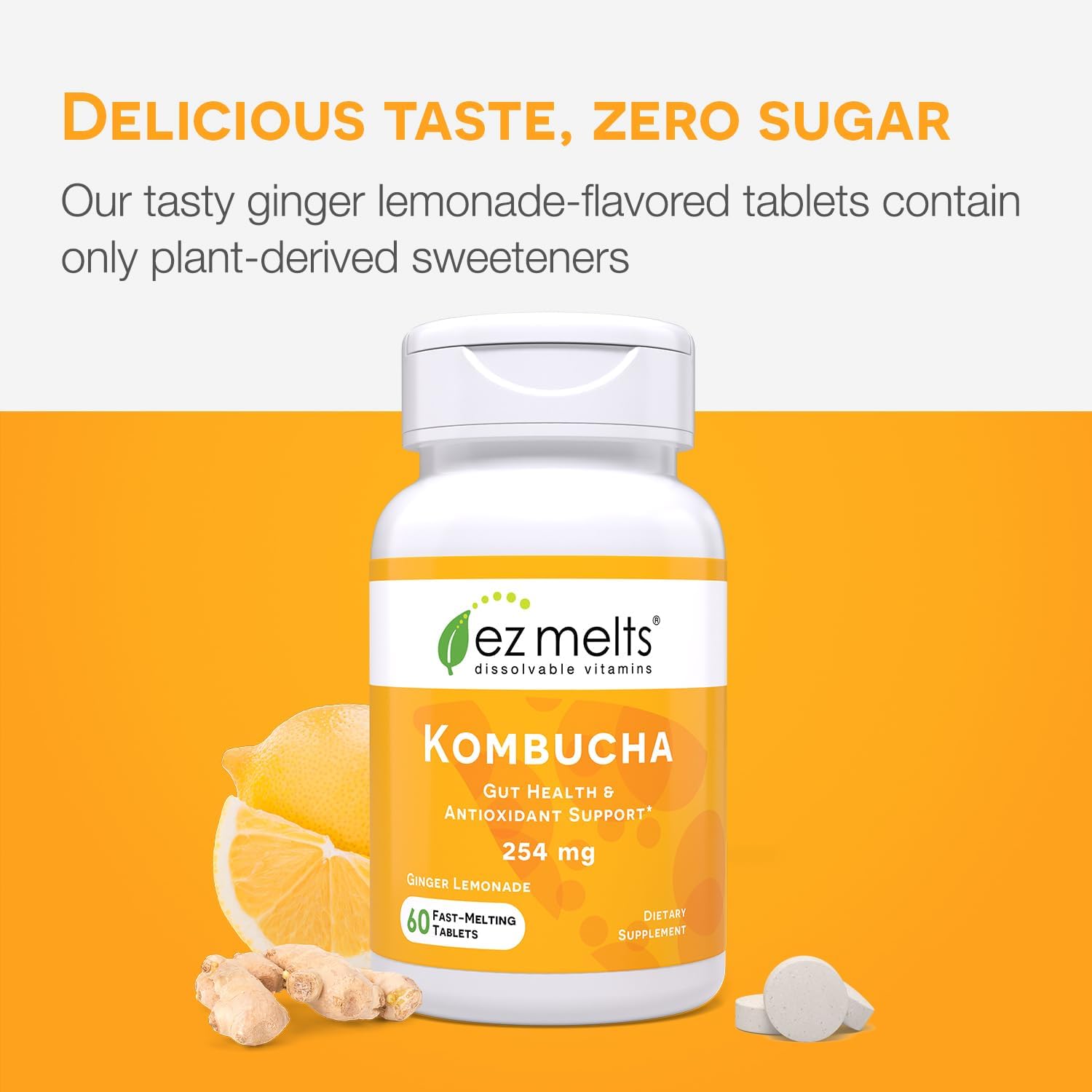 Sugar-Free Kombucha Tablets with SCOBY and Apple Cider Vinegar for Gut Health - Ginger Lemonade Flavor, 2-Month Supply