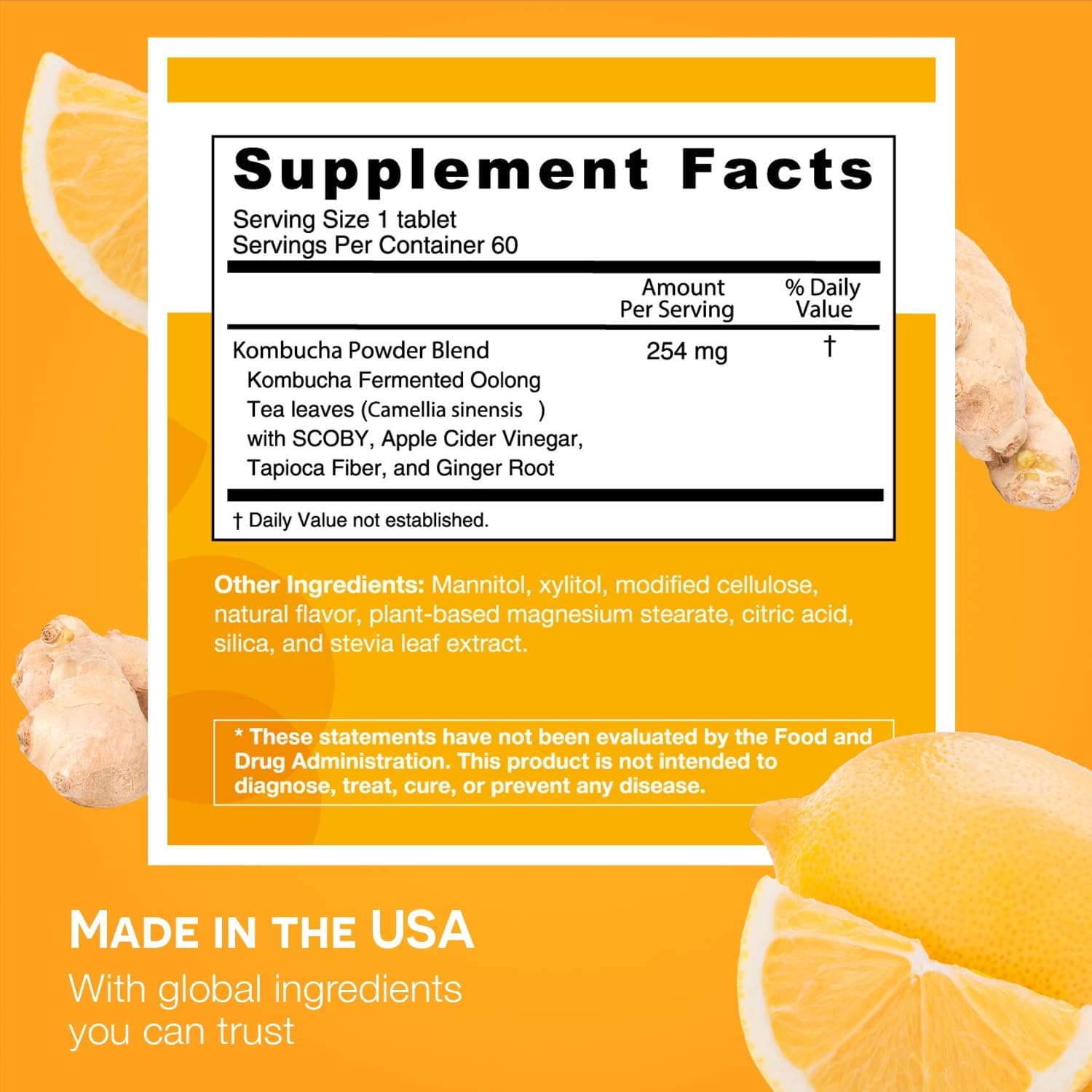 Sugar-Free Kombucha Tablets with SCOBY and Apple Cider Vinegar for Gut Health - Ginger Lemonade Flavor, 2-Month Supply