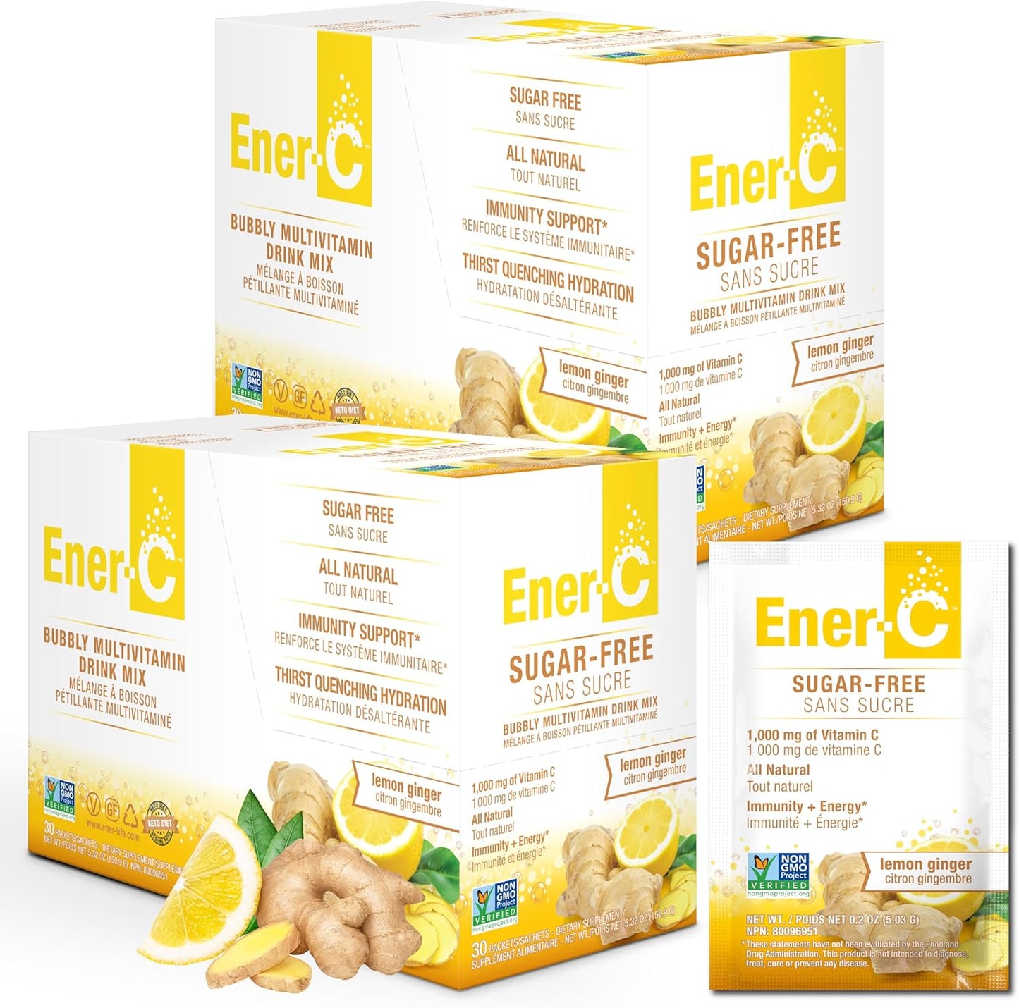 Sugar-Free Lemon Ginger Ener-C Drink Mix with 1000mg Vitamin C & Electrolytes - Immunity Support - 60 Count