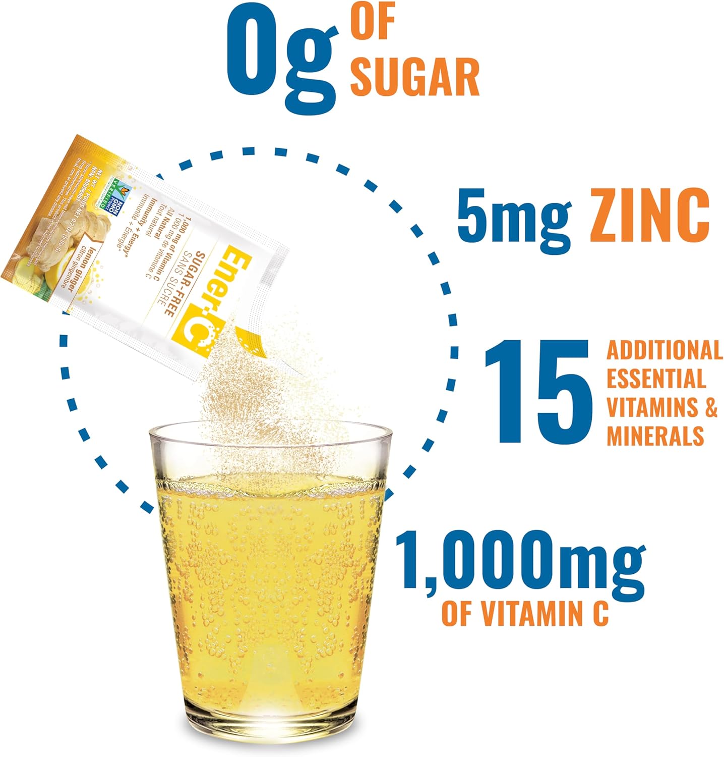 Sugar-Free Lemon Ginger Ener-C Multivitamin Drink Mix - 1000mg Vitamin C - Non-GMO, Vegan, Gluten-Free - Immunity Support & Electrolytes - 30 Pack