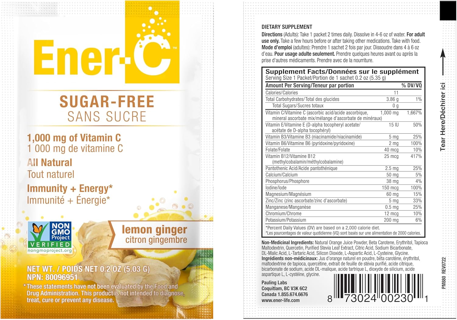 Sugar-Free Lemon Ginger Ener-C Multivitamin Drink Mix - 1000mg Vitamin C - Non-GMO, Vegan, Gluten-Free - Immunity Support & Electrolytes - 30 Pack