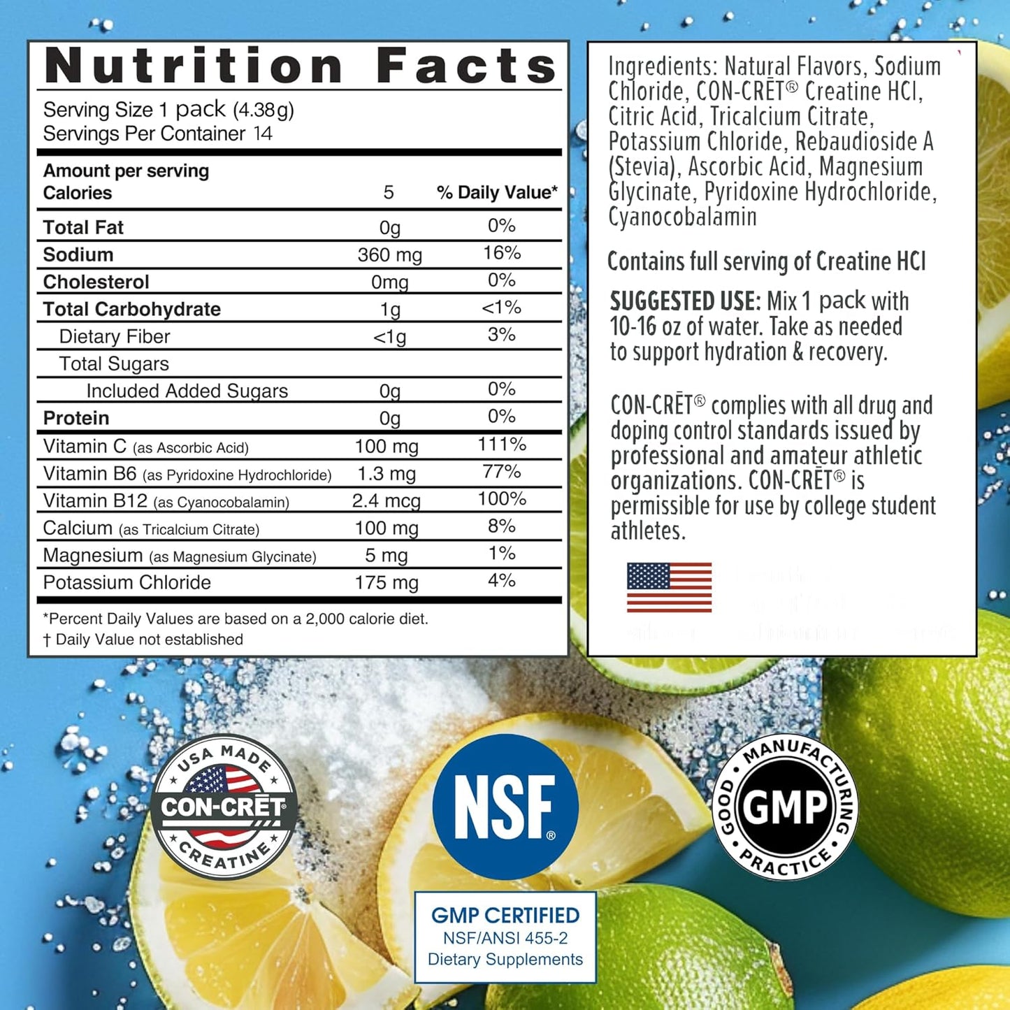 Sugar-Free Lemon Lime Electrolyte Powder Packets with Creatine HCl for Hydration and Recovery - 14 Count