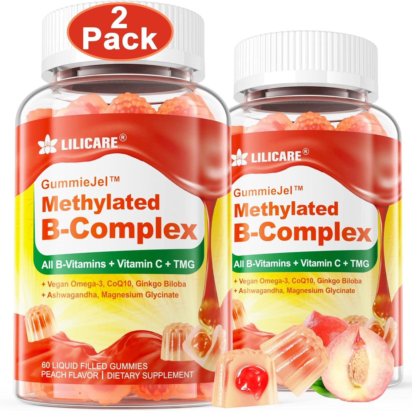 Sugar-Free LILICARE Vitamin B Complex Gummy Supplements for Women & Men with Omega 3, Magnesium, CoQ10, Ashwagandha, Vitamin C, and TMG - 2-Pack