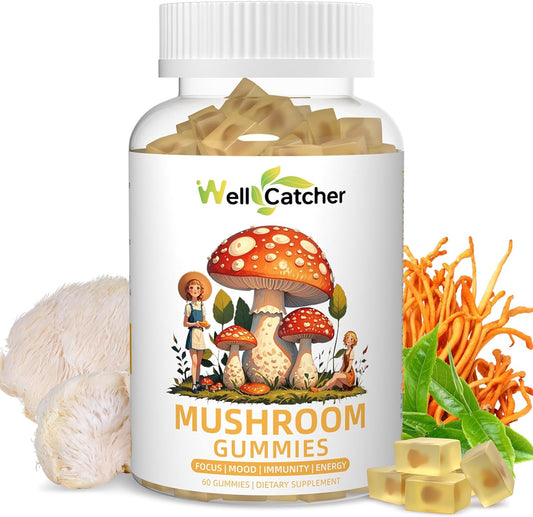 Sugar-Free Lion's Mane Mushroom Gummies - Organic Mushroom Complex Supplement for Focus & Energy with Cordyceps & Green Tea - 60ct Vegan Gummies for Adults & Kids