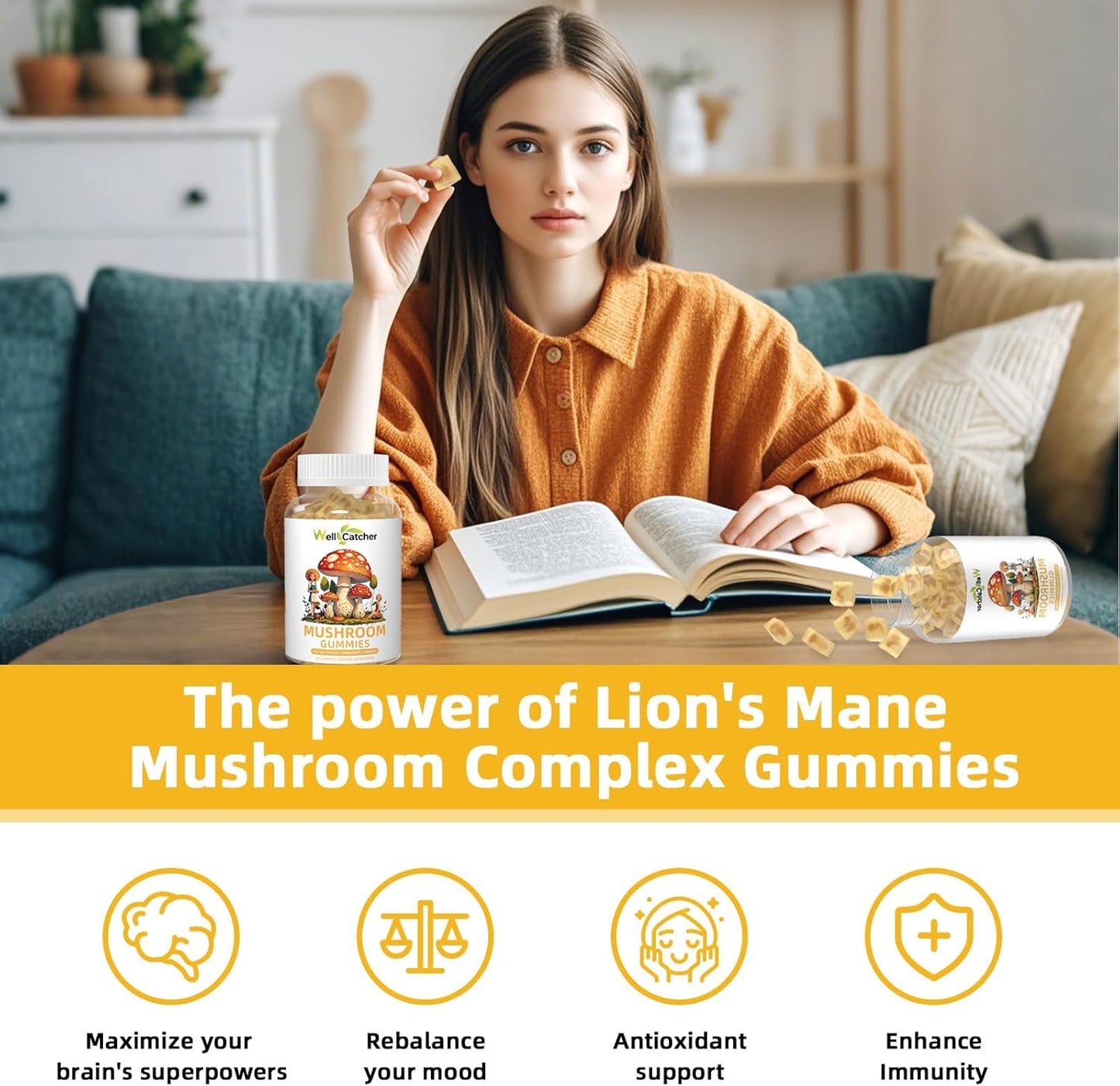 Sugar-Free Lion's Mane Mushroom Gummies - Organic Mushroom Complex Supplement for Focus & Energy with Cordyceps & Green Tea - 60ct Vegan Gummies for Adults & Kids