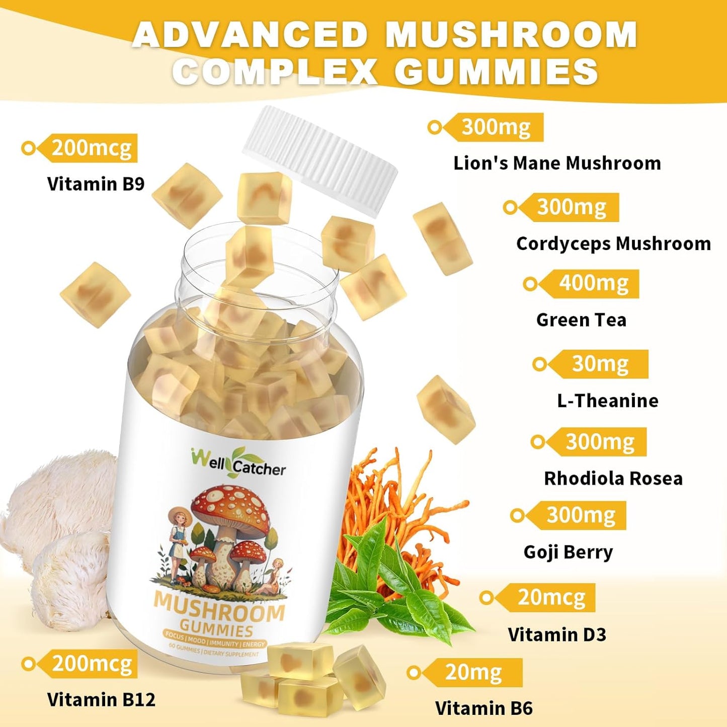 Sugar-Free Lion's Mane Mushroom Gummies - Organic Mushroom Complex Supplement for Focus & Energy with Cordyceps & Green Tea - 60ct Vegan Gummies for Adults & Kids