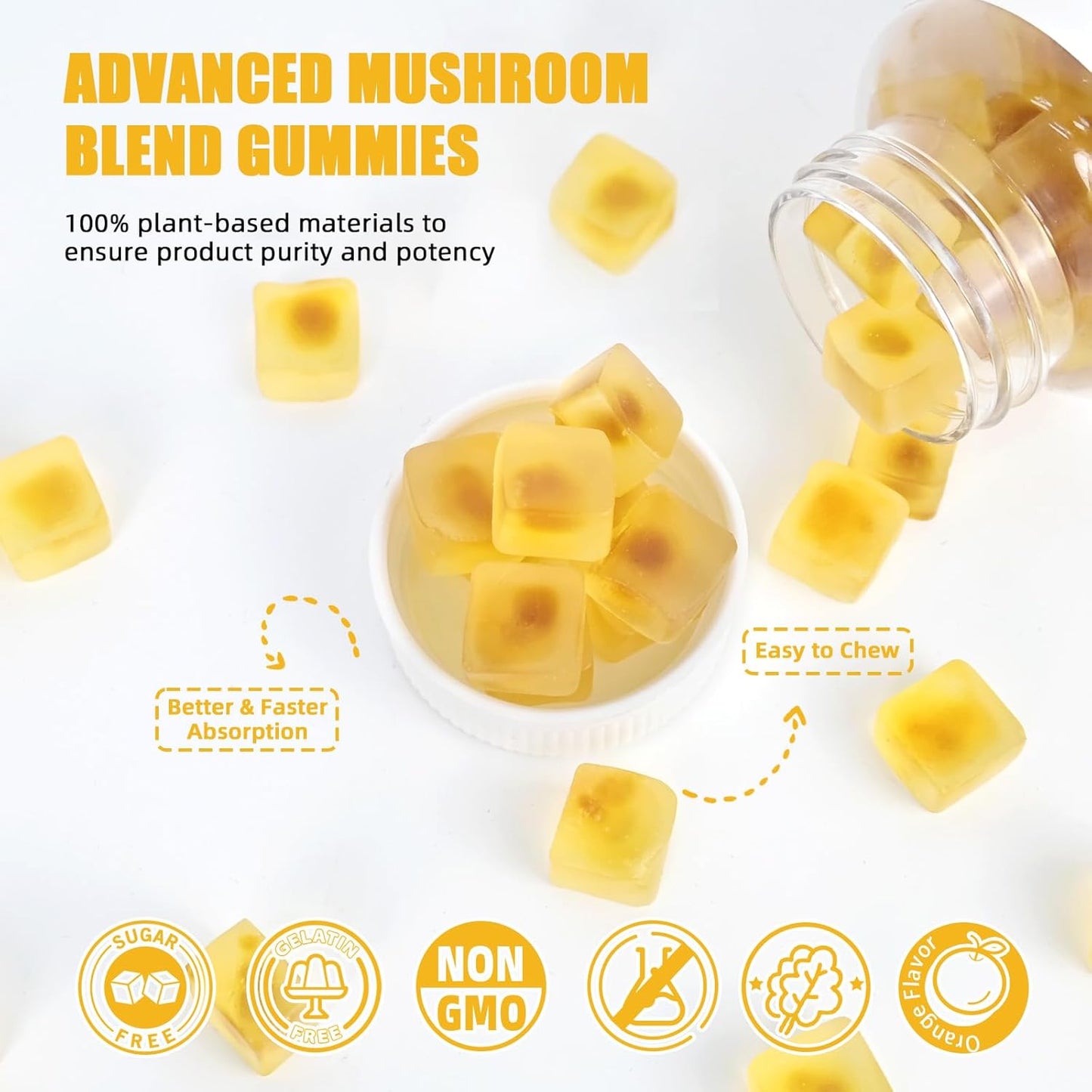 Sugar-Free Lion's Mane Mushroom Gummies - Organic Mushroom Complex Supplement for Focus & Energy with Cordyceps & Green Tea - 60ct Vegan Gummies for Adults & Kids