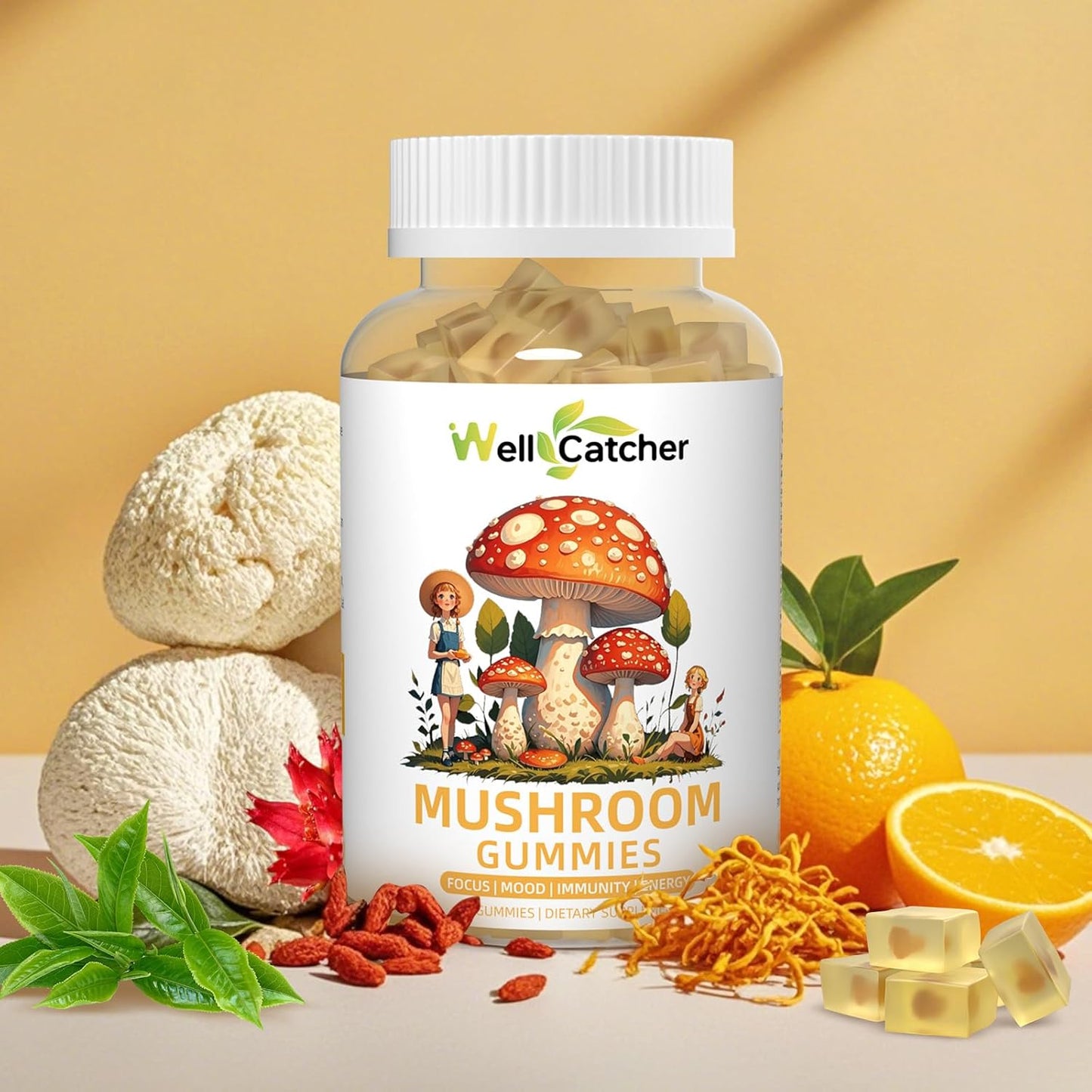 Sugar-Free Lion's Mane Mushroom Gummies - Organic Mushroom Complex Supplement for Focus & Energy with Cordyceps & Green Tea - 60ct Vegan Gummies for Adults & Kids