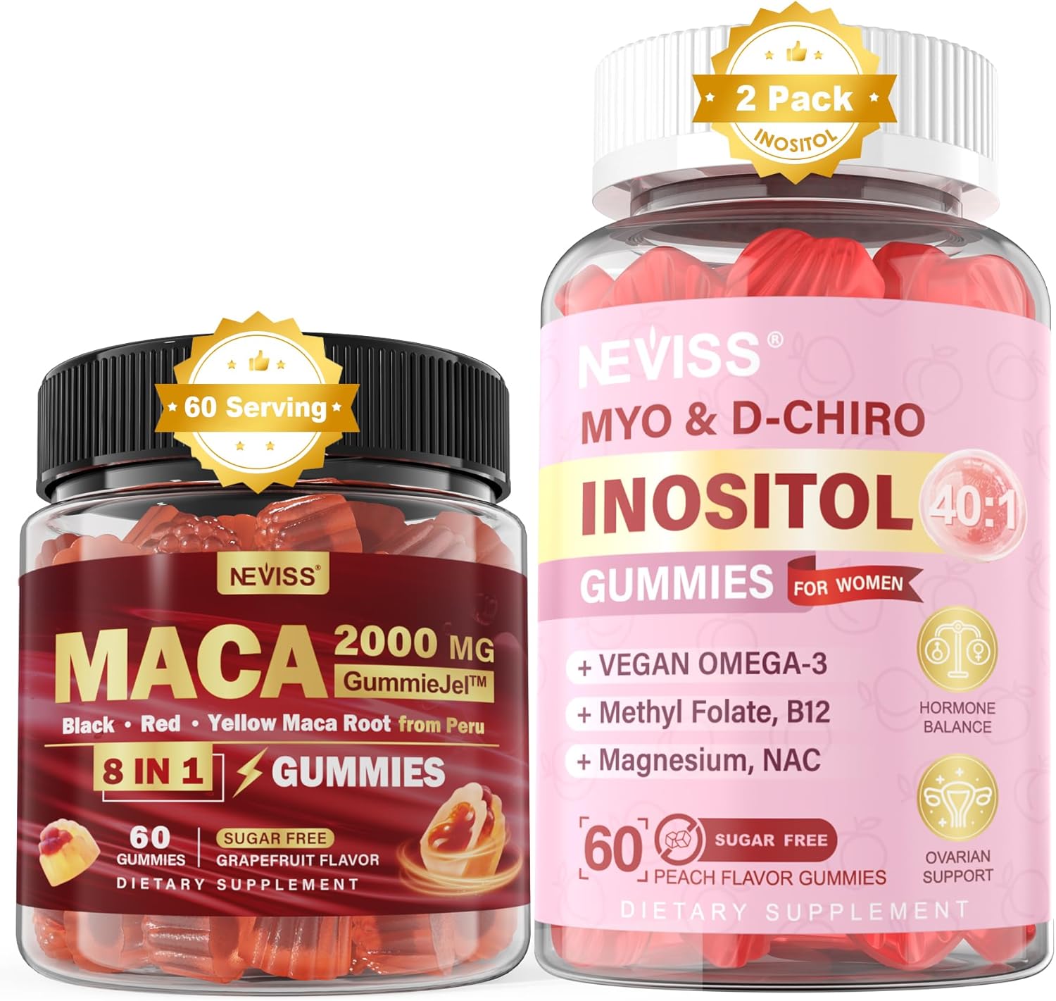 Sugar Free Maca Root and Myo-Inositol Gummies Combo Pack - 1 Pack Maca Root + 2 Pack Myo-Inositol & D-Chiro Inositol Gummies
