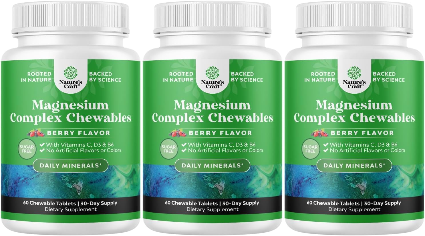 Sugar-Free Magnesium Glycinate Chewables with Vitamins D3, B6, & C - Vegetarian & Non-GMO - 90 Day Supply