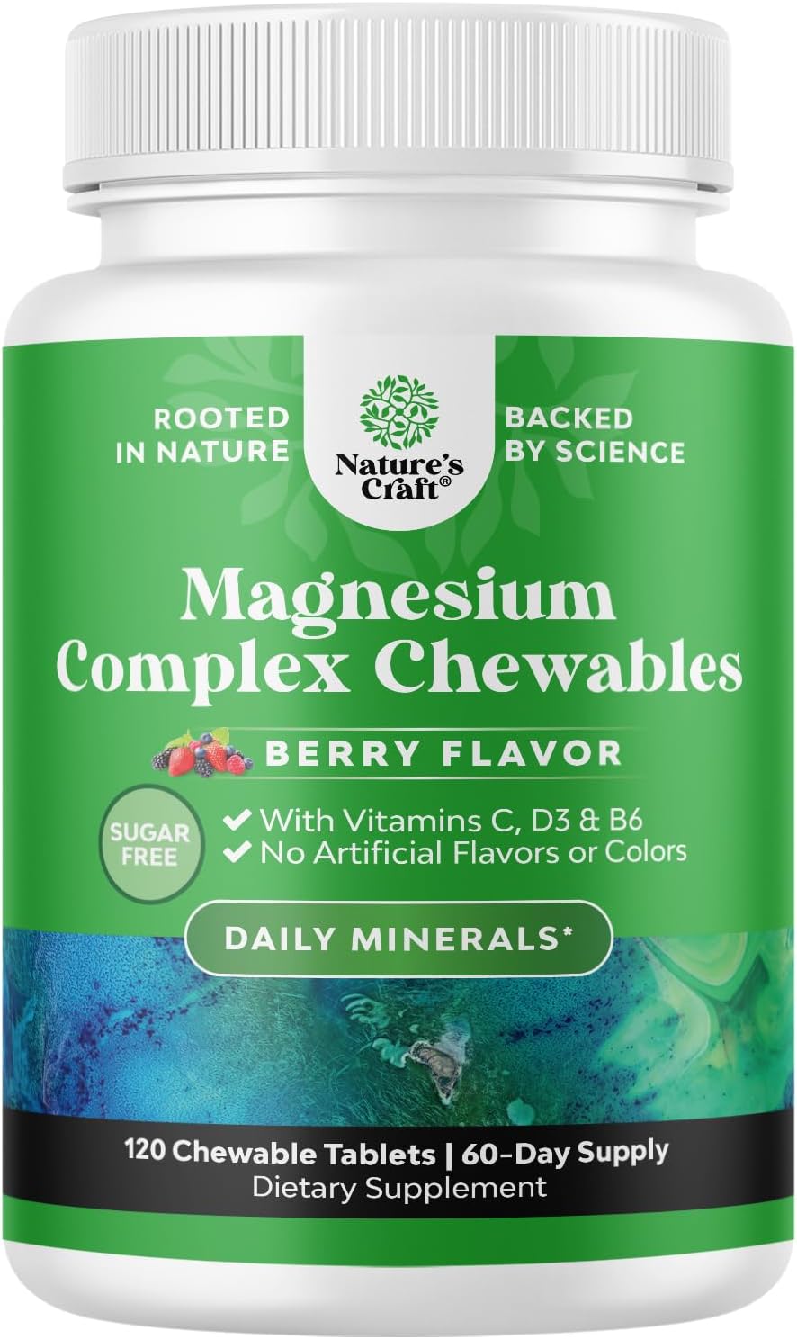 Sugar-Free Magnesium Glycinate Chewables with Vitamins D3, B6, & C - Vegetarian Formula for Adults & Kids - Non-GMO & No Artificial Flavors - 60 Day Supply