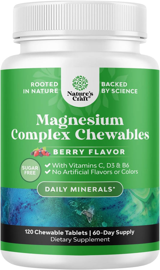 Sugar-Free Magnesium Glycinate Chewables with Vitamins D3, B6, & C - Vegetarian Formula for Adults & Kids - Non-GMO & No Artificial Flavors - 60 Day Supply