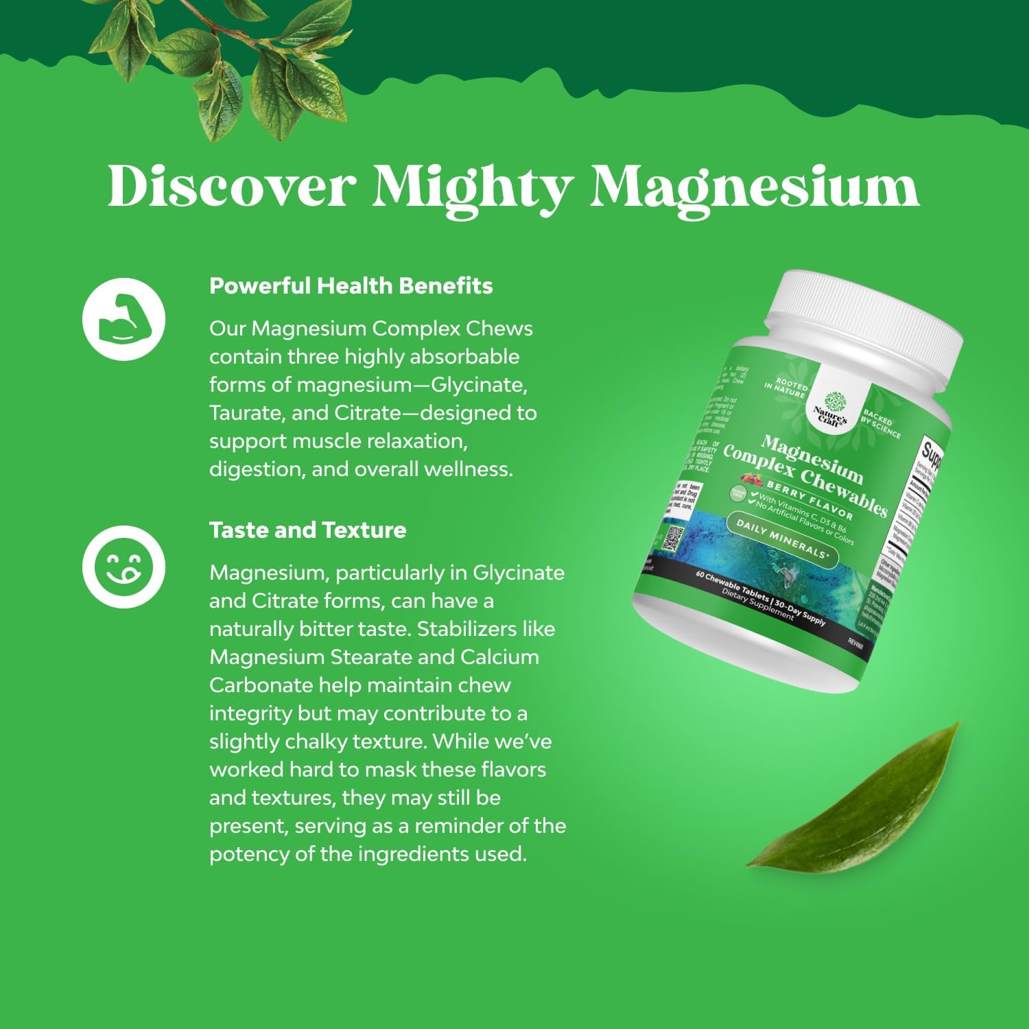 Sugar-Free Magnesium Glycinate Chewables with Vitamins D3, B6, & C - Vegetarian & Non-GMO - 90 Day Supply