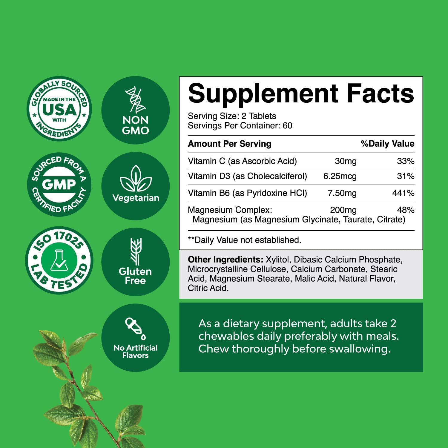 Sugar-Free Magnesium Glycinate Chewables with Vitamins D3, B6, & C - Vegetarian Formula for Adults & Kids - Non-GMO & No Artificial Flavors - 60 Day Supply