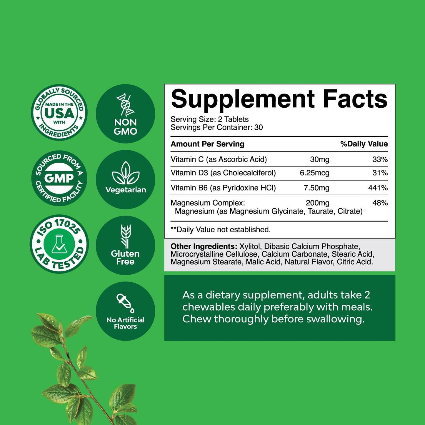 Sugar-Free Magnesium Glycinate Chewables with Vitamins D3, B6, & C - Vegetarian & Non-GMO - 90 Day Supply