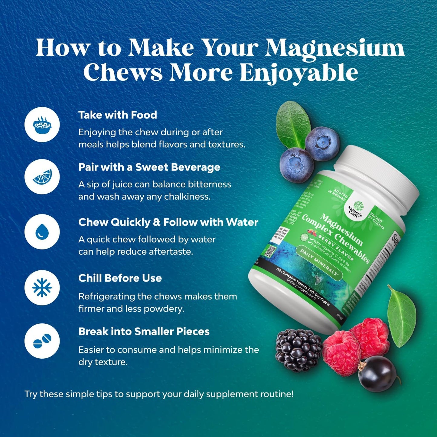 Sugar-Free Magnesium Glycinate Chewables with Vitamins D3, B6, & C - Vegetarian Formula for Adults & Kids - Non-GMO & No Artificial Flavors - 60 Day Supply