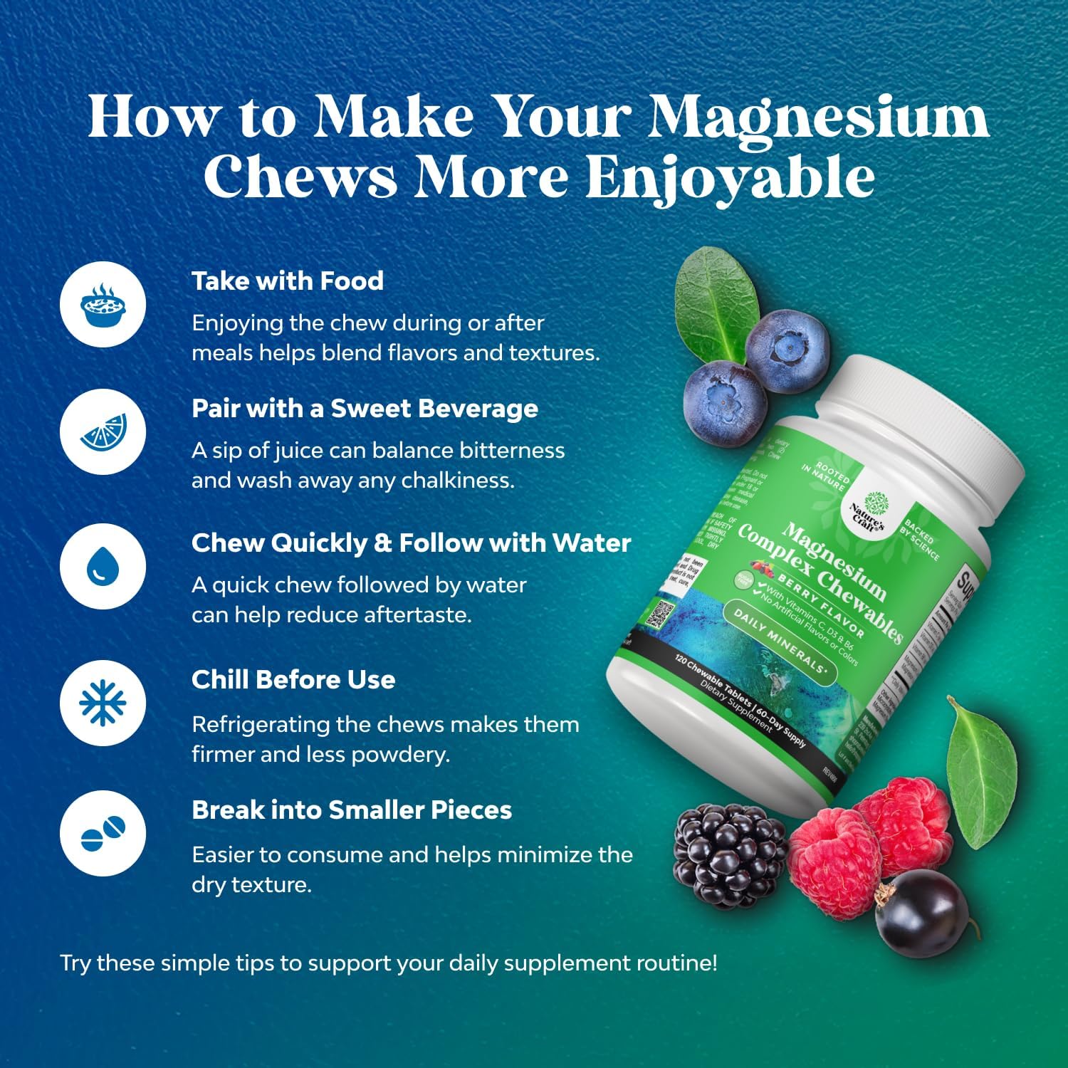 Sugar-Free Magnesium Glycinate Chewables with Vitamins D3, B6, & C - Vegetarian Formula for Adults & Kids - Non-GMO & No Artificial Flavors - 60 Day Supply