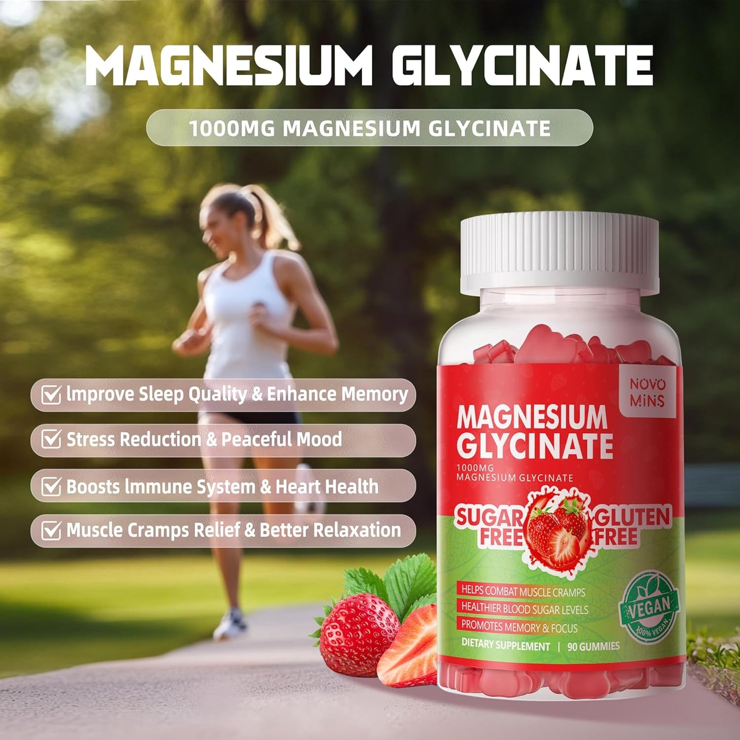 Sugar-Free Magnesium Glycinate Gummies - 90 Strawberry Gummies with Vitamin D, B6, CoQ10 for Calm Mood & Sleep Support - 1000mg, Novomins - BoostGo Australia