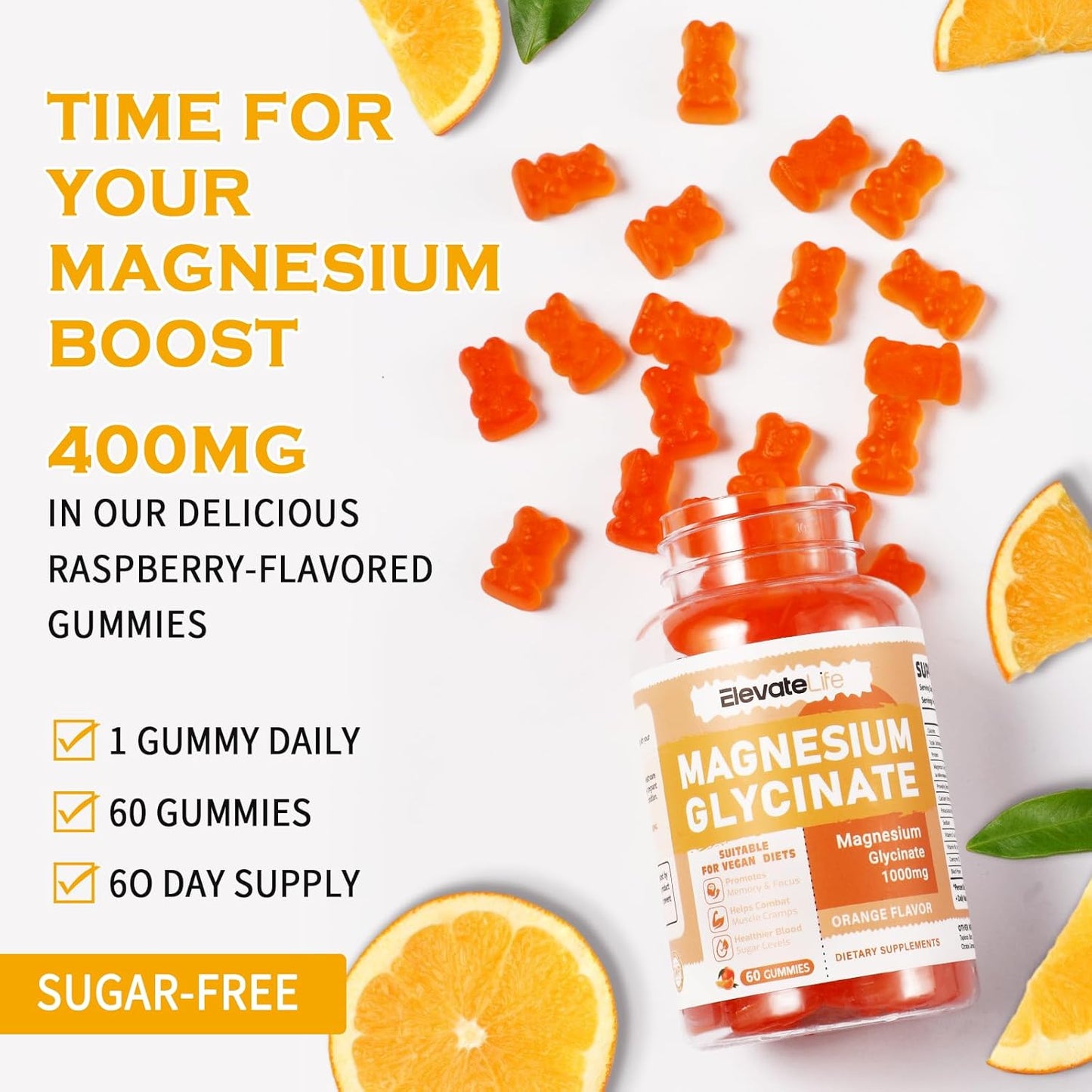Sugar-Free Magnesium Glycinate Gummies - Potent 1000mg Supplement for Mood, Sleep, and Calm - With Vitamin D, B6, CoQ10 - 60 Orange Gummies