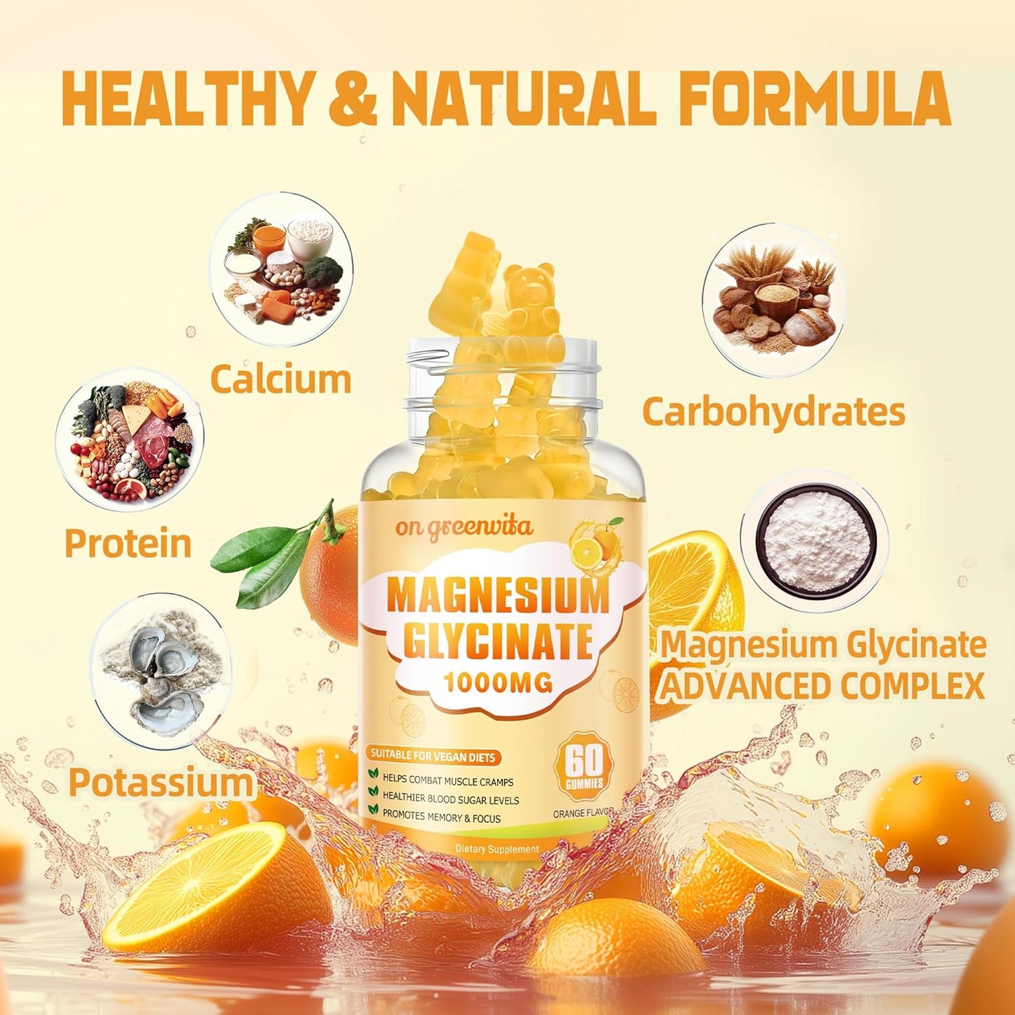 Sugar Free Magnesium Glycinate Gummies 1000mg with Potassium, Vitamin D, B6, CoQ10 - Calm Mood & Sleep Support - 240 Orange Gummies