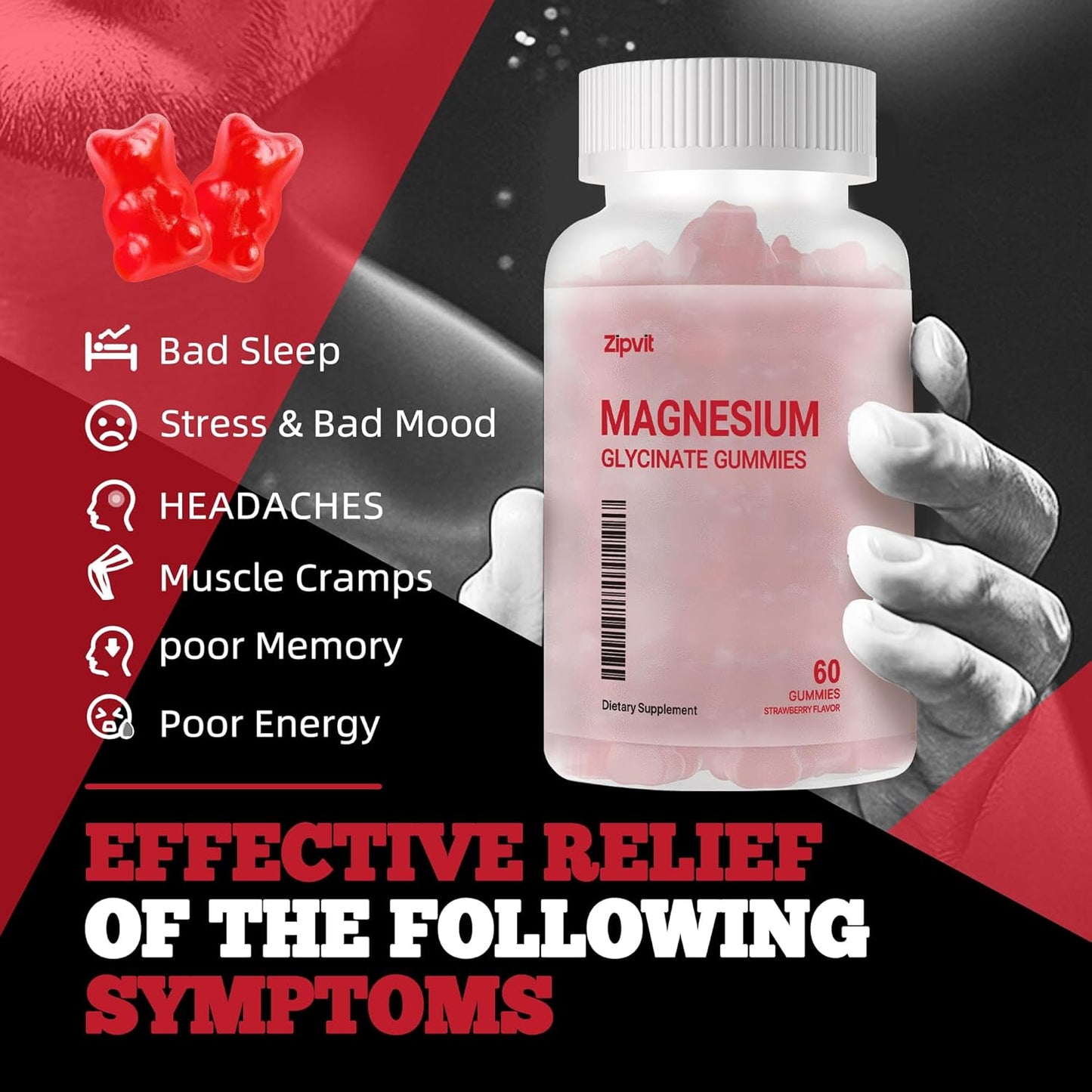 Sugar-Free Magnesium Glycinate Gummies 1000mg with Vitamin D, B6, CoQ10 - Strawberry Flavored Sleep & Mood Support - 60 Gummies