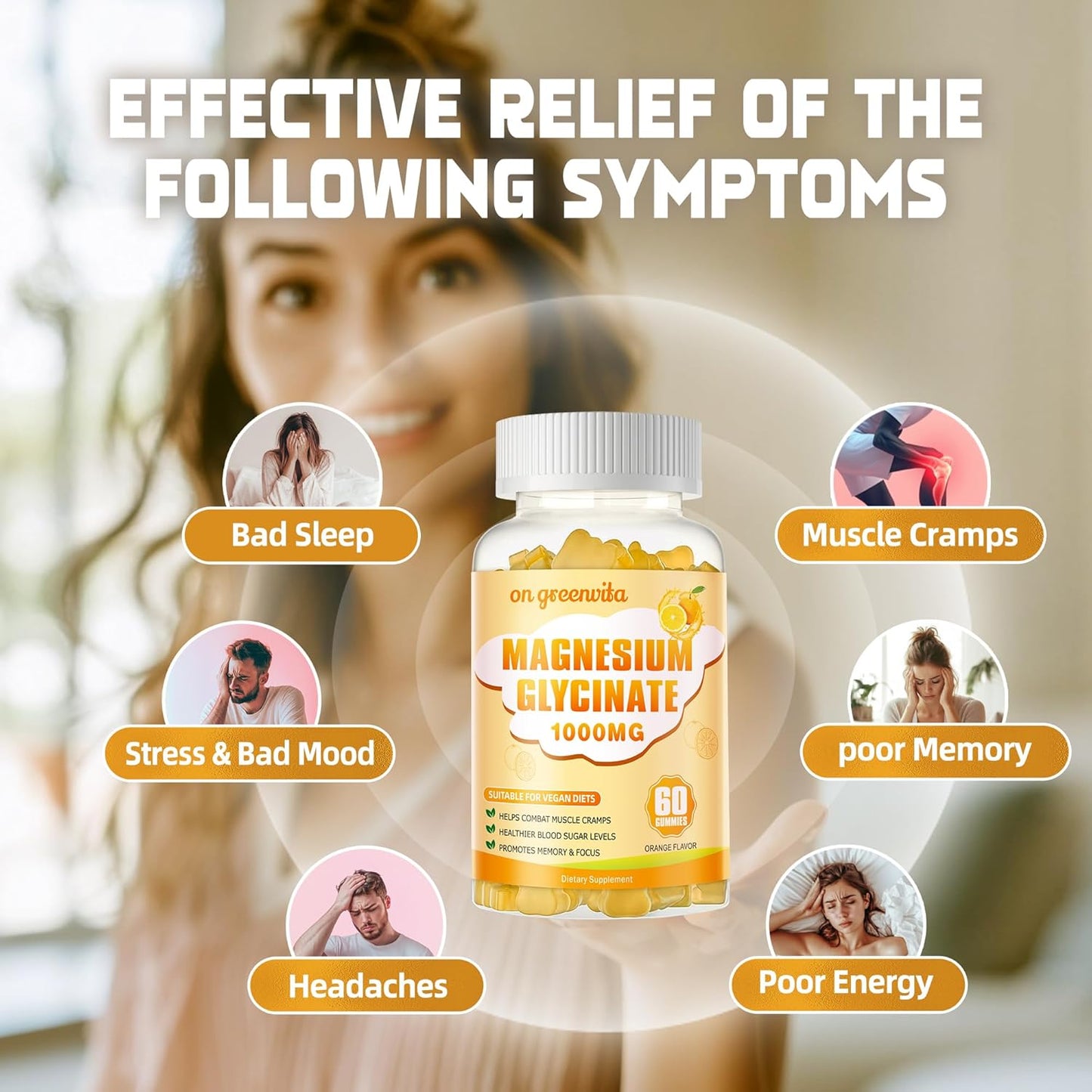 Sugar Free Magnesium Glycinate Gummies 1000mg with Potassium, Vitamin D, B6, CoQ10 - Calm Mood & Sleep Support - 240 Orange Gummies