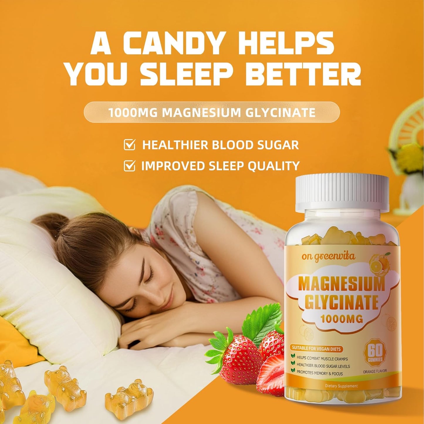 Sugar Free Magnesium Glycinate Gummies 1000mg with Potassium, Vitamin D, B6, CoQ10 - Calm Mood & Sleep Support - 240 Orange Gummies