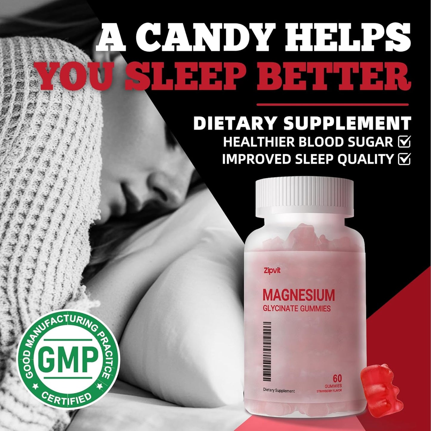Sugar-Free Magnesium Glycinate Gummies 1000mg with Vitamin D, B6, CoQ10 - Strawberry Flavored Sleep & Mood Support - 60 Gummies
