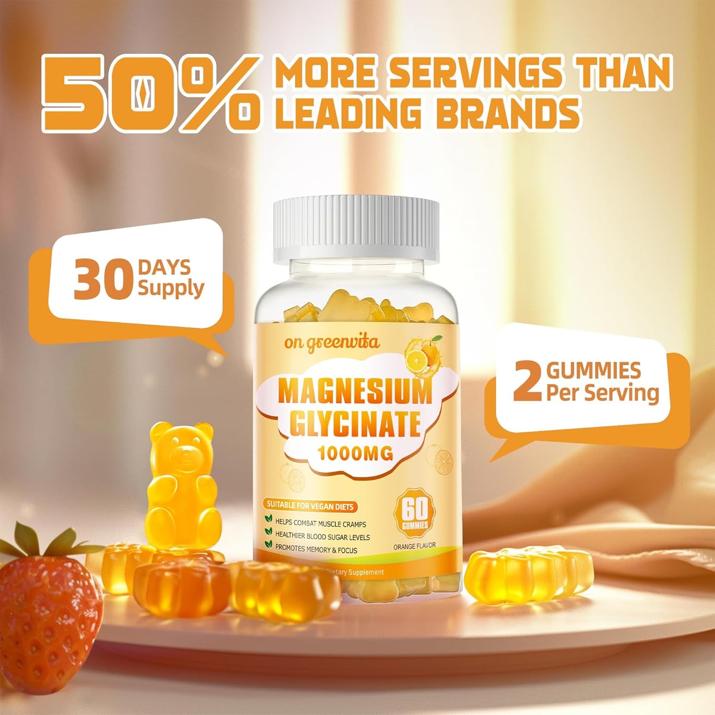 Sugar Free Magnesium Glycinate Gummies 1000mg with Potassium, Vitamin D, B6, CoQ10 - Calm Mood & Sleep Support - 240 Orange Gummies