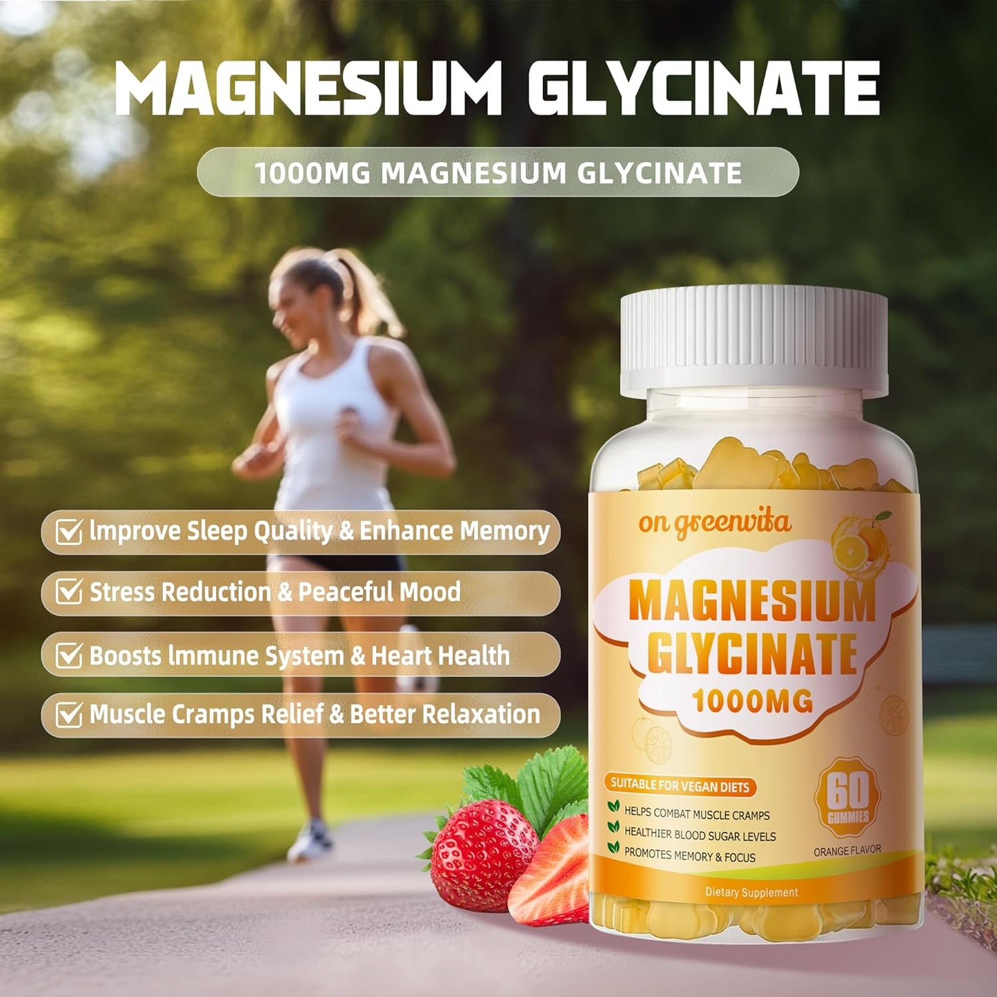 Sugar Free Magnesium Glycinate Gummies 1000mg with Potassium, Vitamin D, B6, CoQ10 - Calm Mood & Sleep Support - 240 Orange Gummies