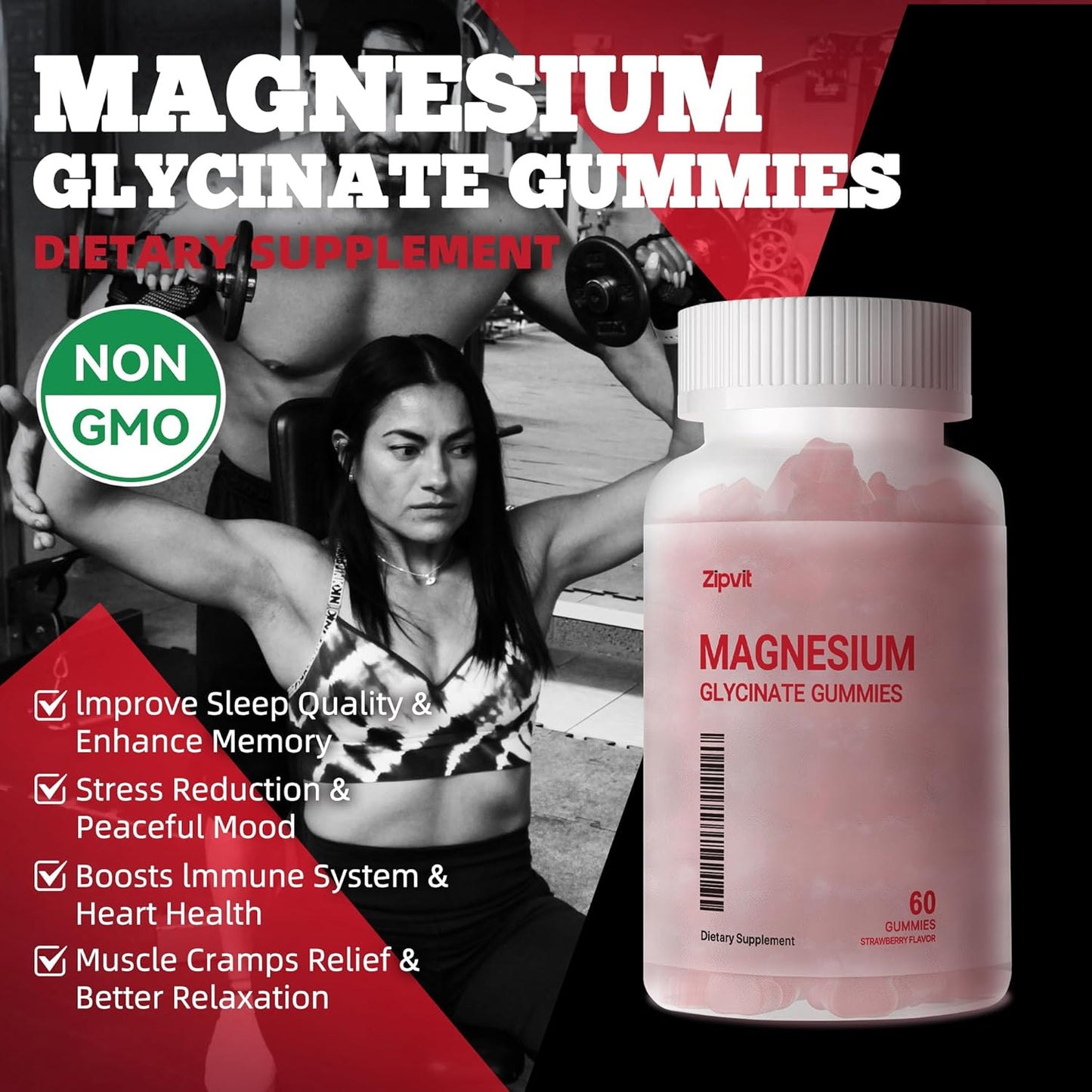 Sugar-Free Magnesium Glycinate Gummies 1000mg with Vitamin D, B6, CoQ10 - Strawberry Flavored Sleep & Mood Support - 60 Gummies
