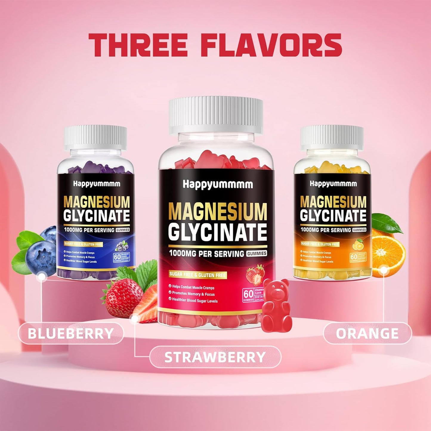 Sugar-Free Magnesium Glycinate Gummies 1000mg with Vitamin D, B6, and CoQ10 - Calm Mood & Sleep Support - 120 Strawberry Gummies