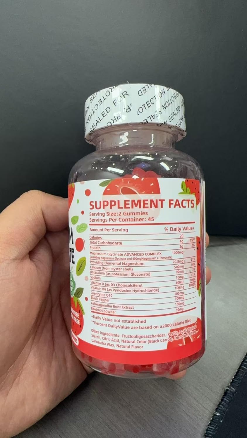 Sugar-Free Magnesium Glycinate Gummies 2500mg with Vitamin D, B6, CoQ10 - Calm Mood & Sleep Support - 90 Strawberry Gummies