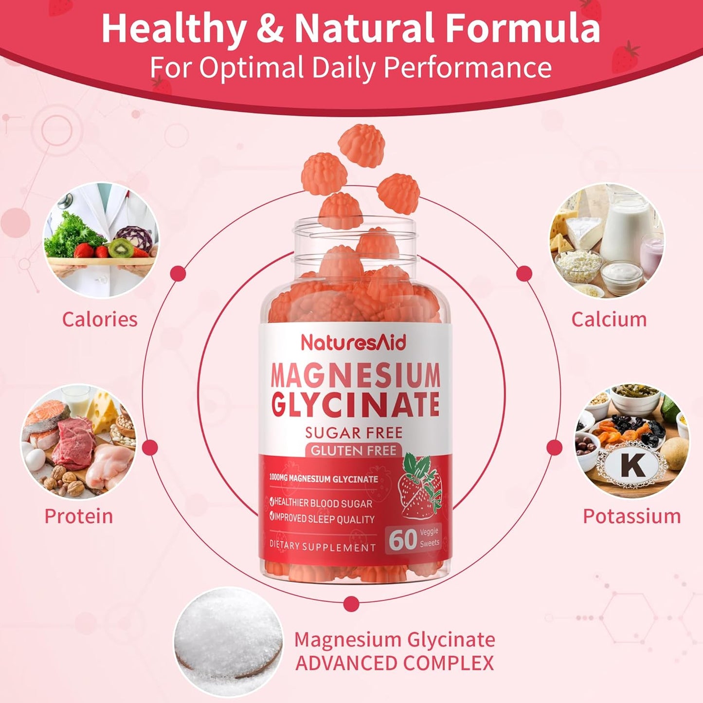 Sugar-Free Magnesium Glycinate Gummies with Essential Vitamins for Mood & Sleep Support - 240 Strawberry Gummies