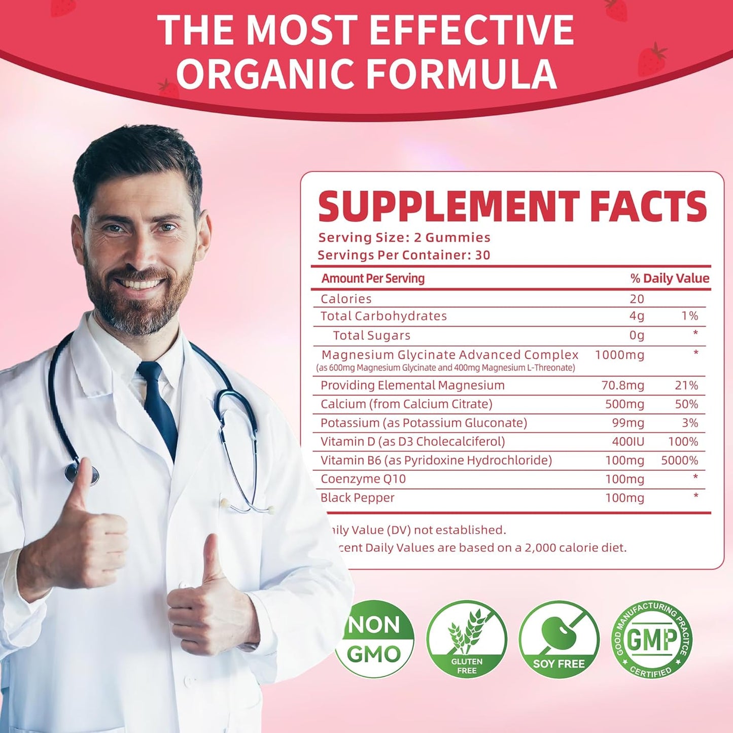 Sugar-Free Magnesium Glycinate Gummies with Essential Vitamins for Mood & Sleep Support - 240 Strawberry Gummies