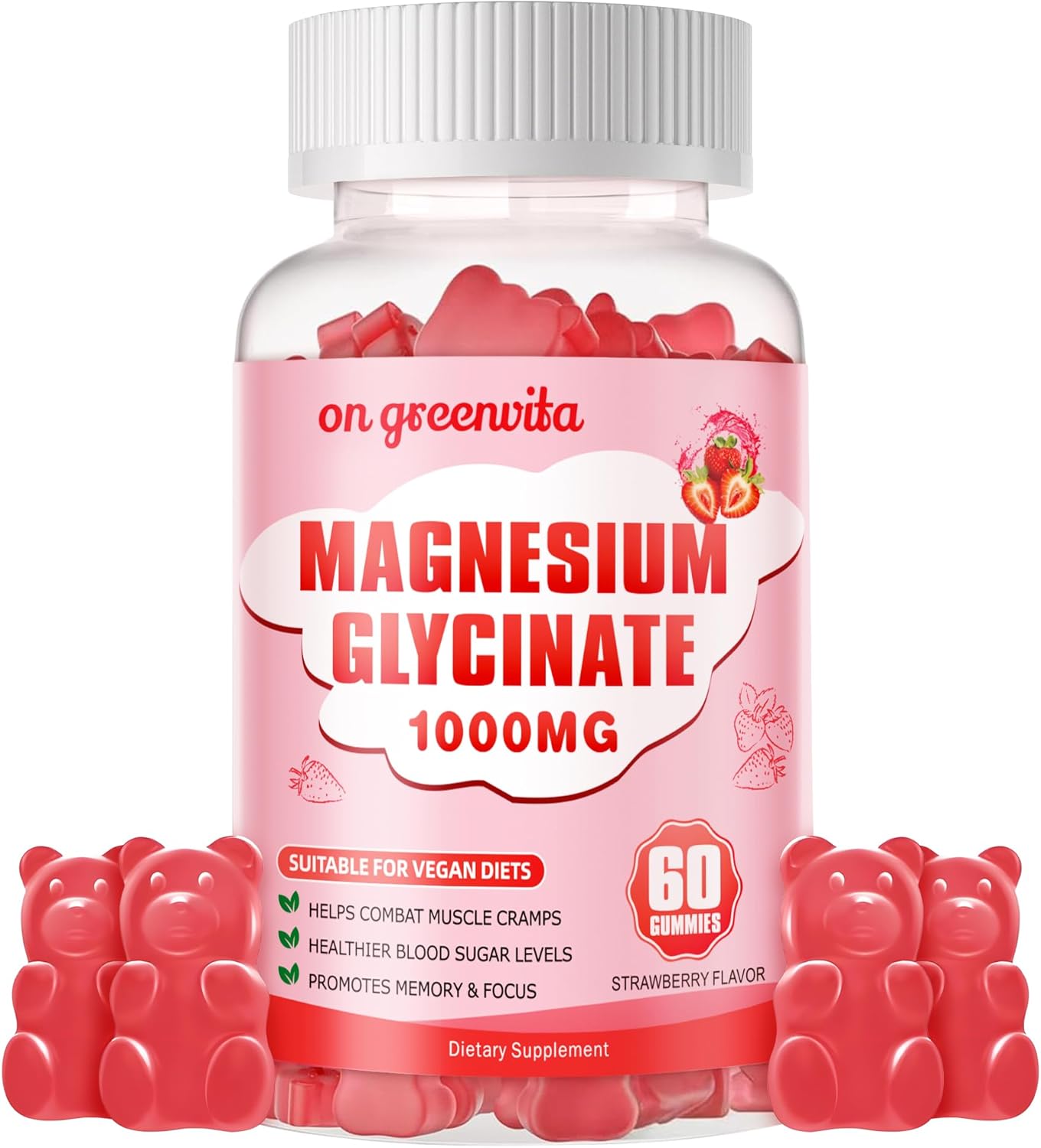 Sugar-Free Magnesium Glycinate Gummies with Potassium, Vitamin D, B6, and CoQ10 - 60 Strawberry Gummies for Calm Mood & Sleep Support
